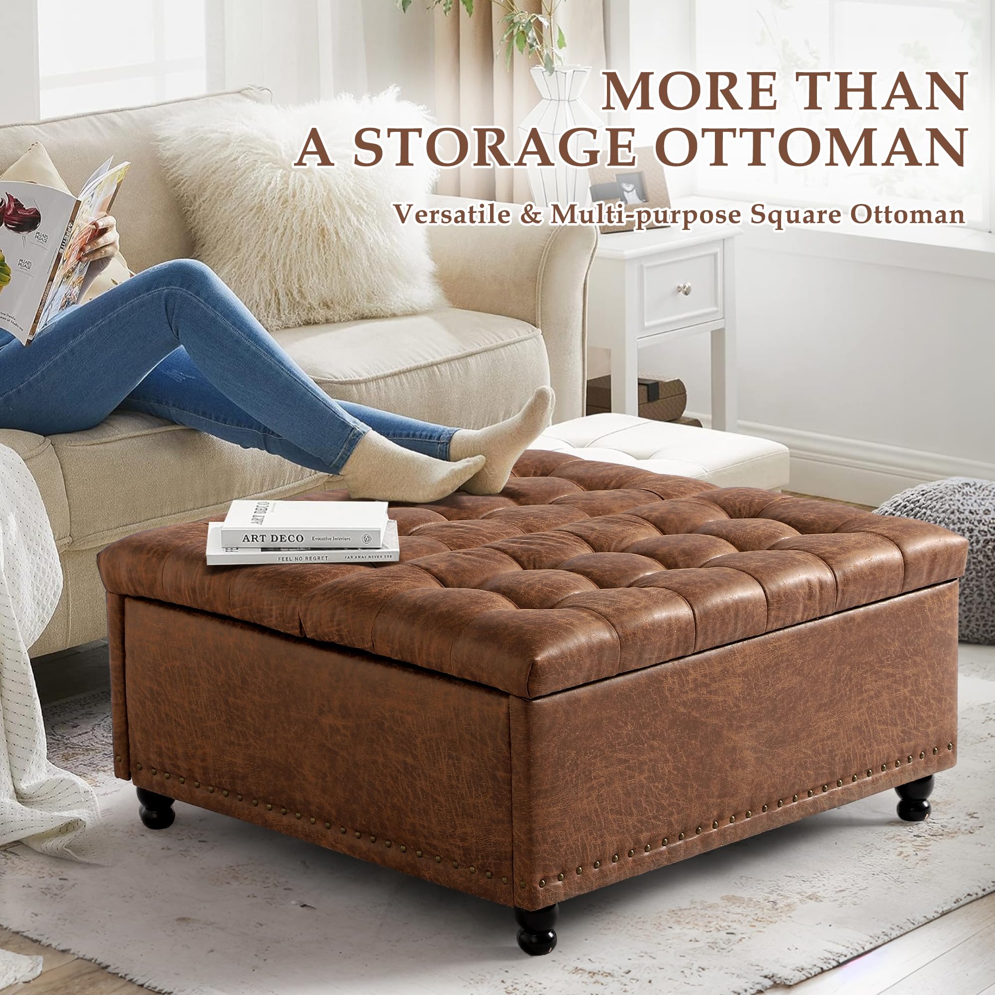 UTOASIS 36" Large Square Ottoman with Storage, Tufted Upholstered Storage Ottoman with Lift Top & Solid Legs for Bedroom Room, Extra Large Coffee Tables Bench for Living Room as Footstool (Brown)