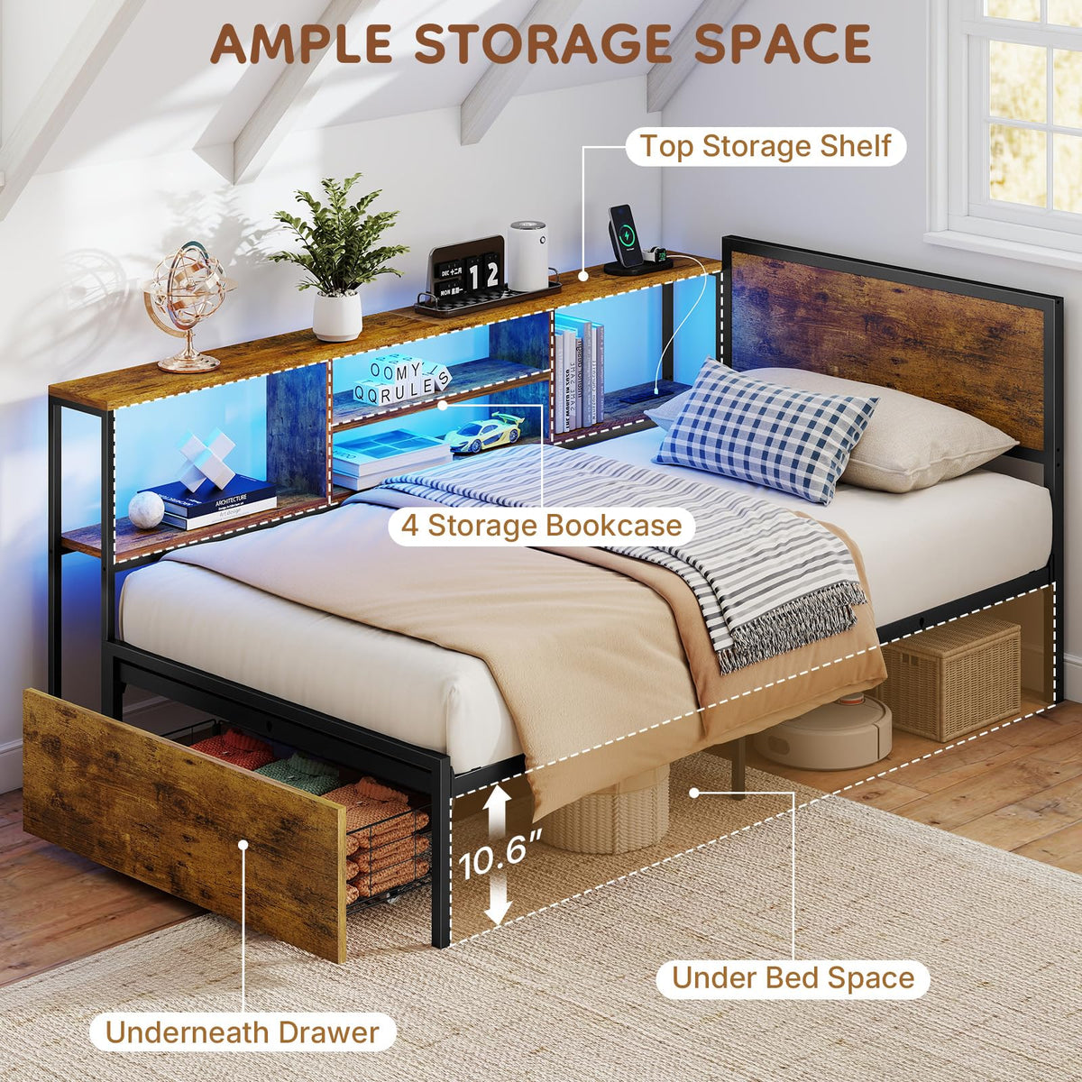 Zevemomo Twin Bed Frames w/Storage Drawers, Headboard for 2 Teens