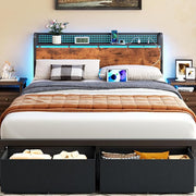 Platform Bed Frame with Storage Headboard, LED Lights & Drawers