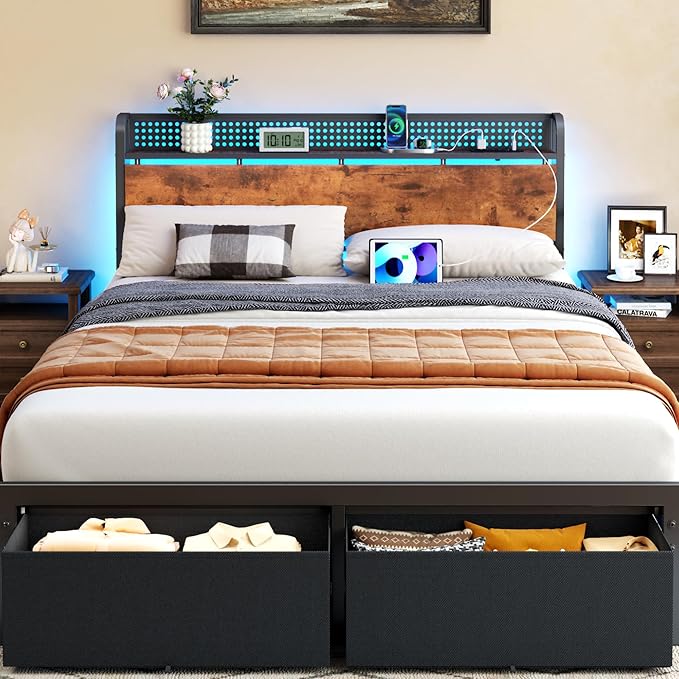 Platform Bed Frame with Storage Headboard, LED Lights & Drawers