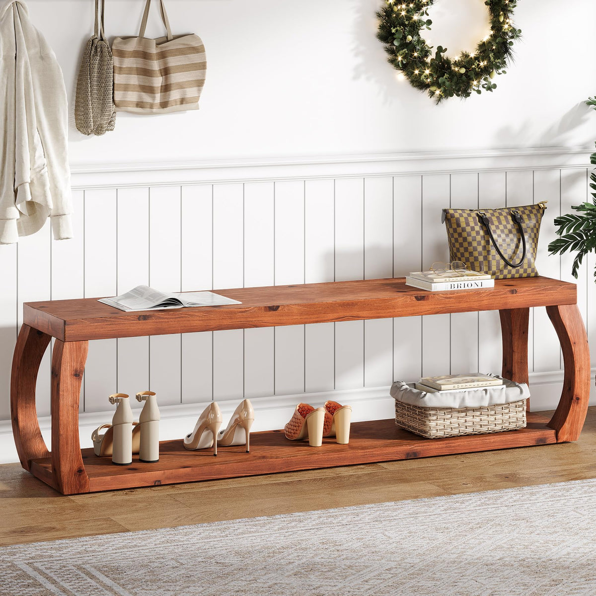TRIBEWOOD 2-Tier Solid Wood Entryway Bench, 59" Long Farmhouse End of Bed Bench with Open Shelves, Rustic Shoe Storage Wooden Seating for Entry, Kitchen, Living Room, Bedroom, Hallway (Rustic Brown)