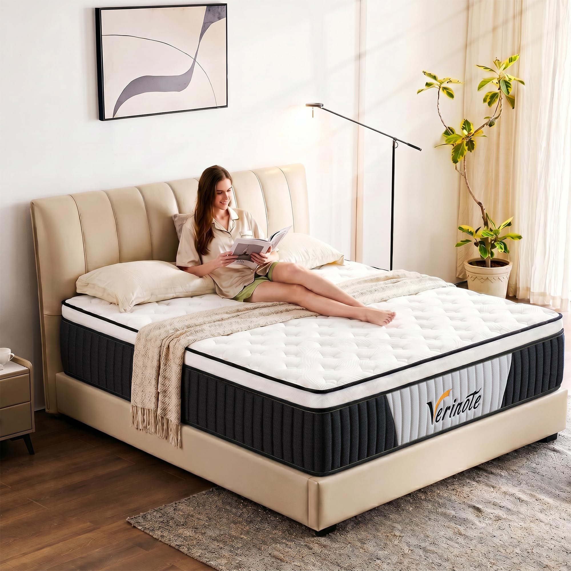 VERINOTE 12 Inch Queen Mattress, Medium Firm Hybrid Memory Foam, 7-Zone Body Support for Pressure Relief, Motion Isolation, Queen Mattress in a Box, White Breathable Textured Fabric Mattresses