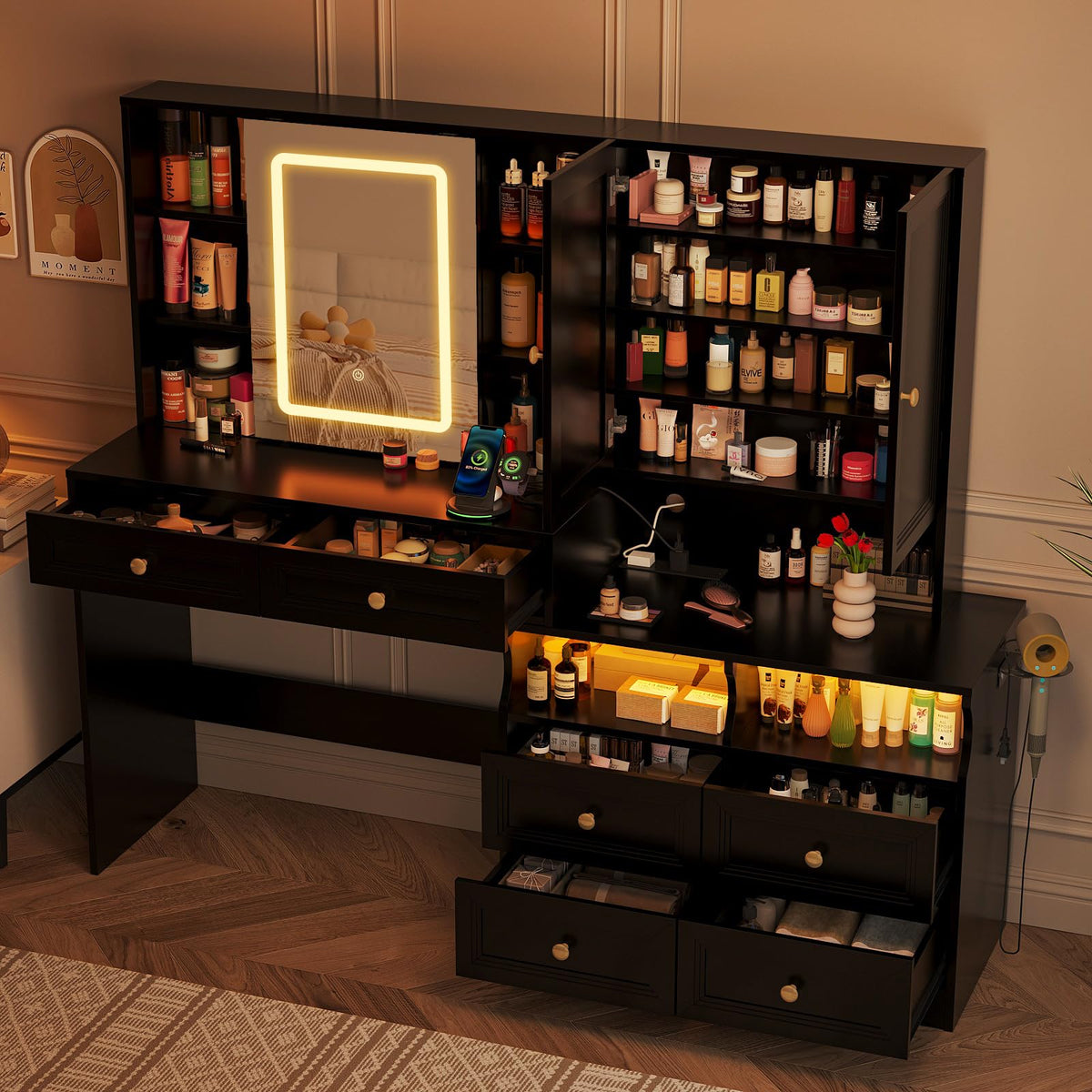 Black Vanity Desk with LED Sliding Mirror