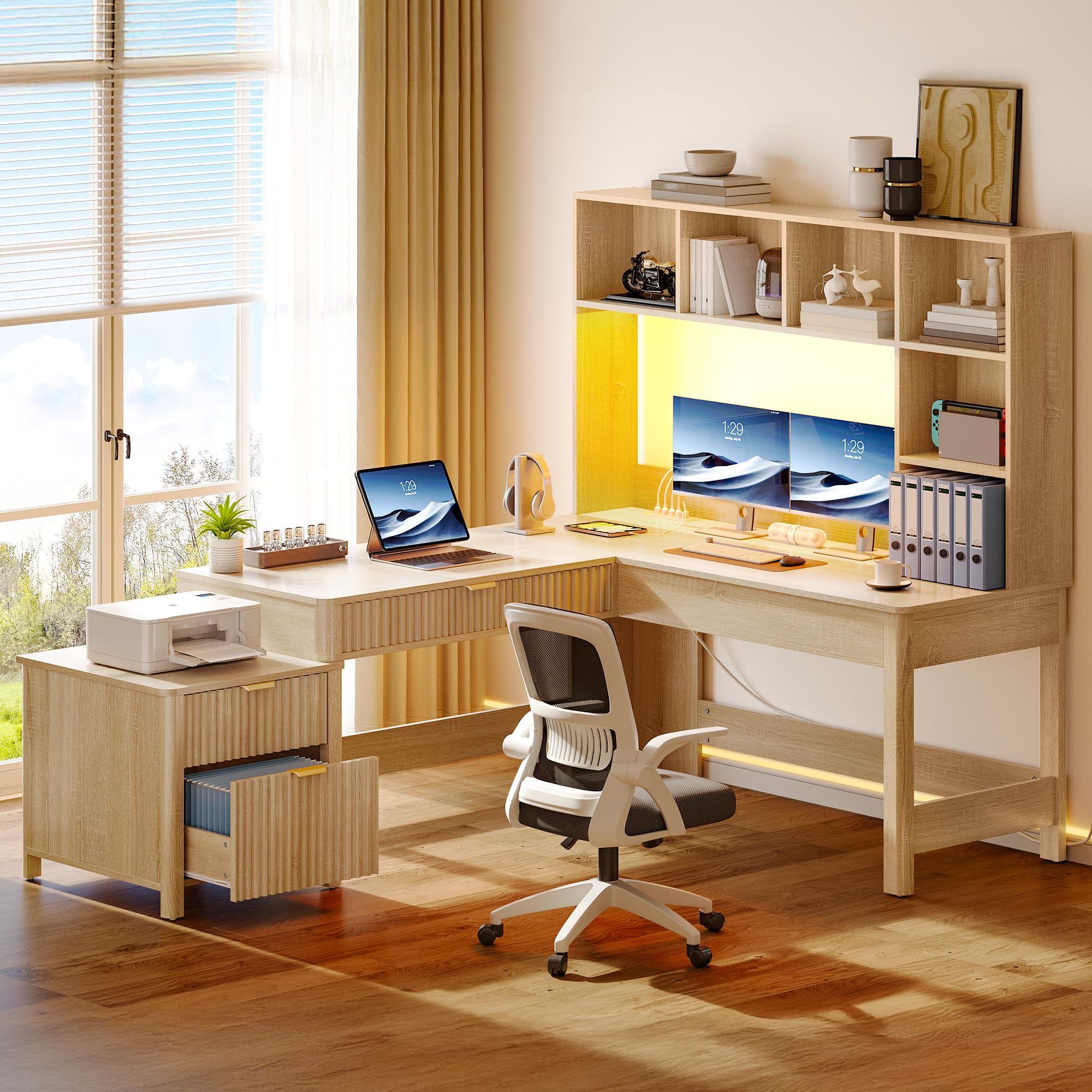 L-Shaped Desk with Hutch, Drawers & Power Outlets