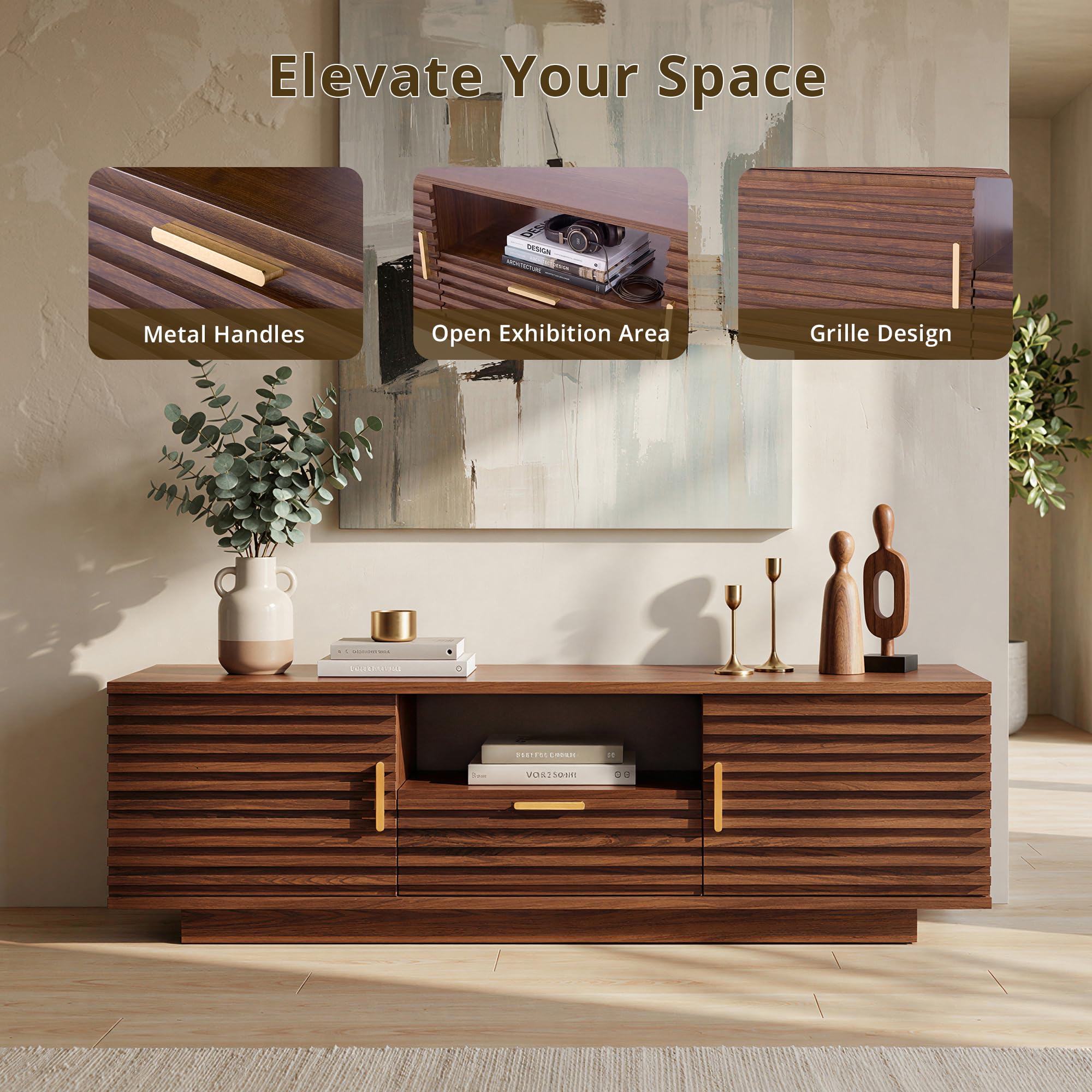 Mid-Century Modern Fluted TV Stand with Storage