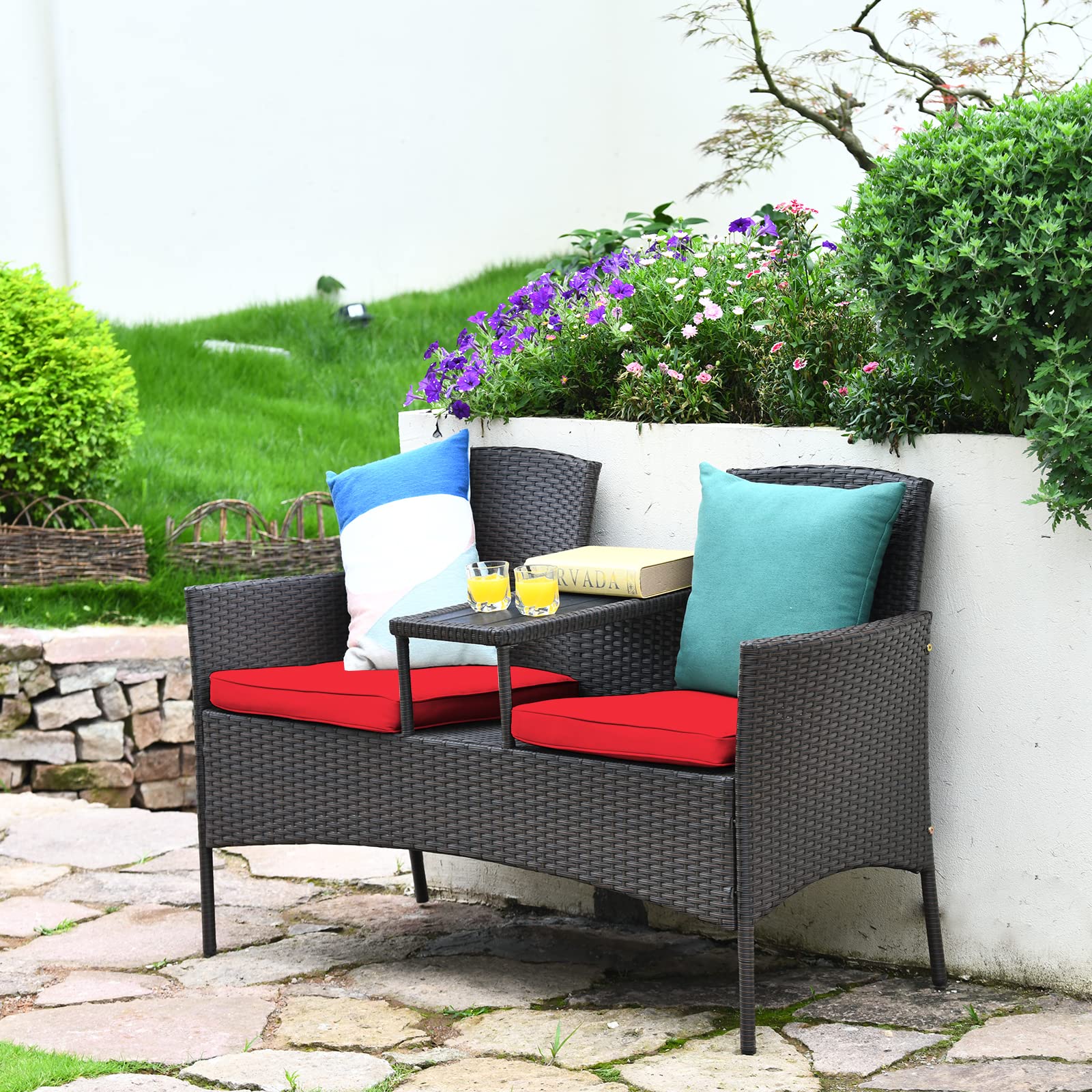 Outdoor Wicker Loveseat Sofa Set with Built-In Coffee Table