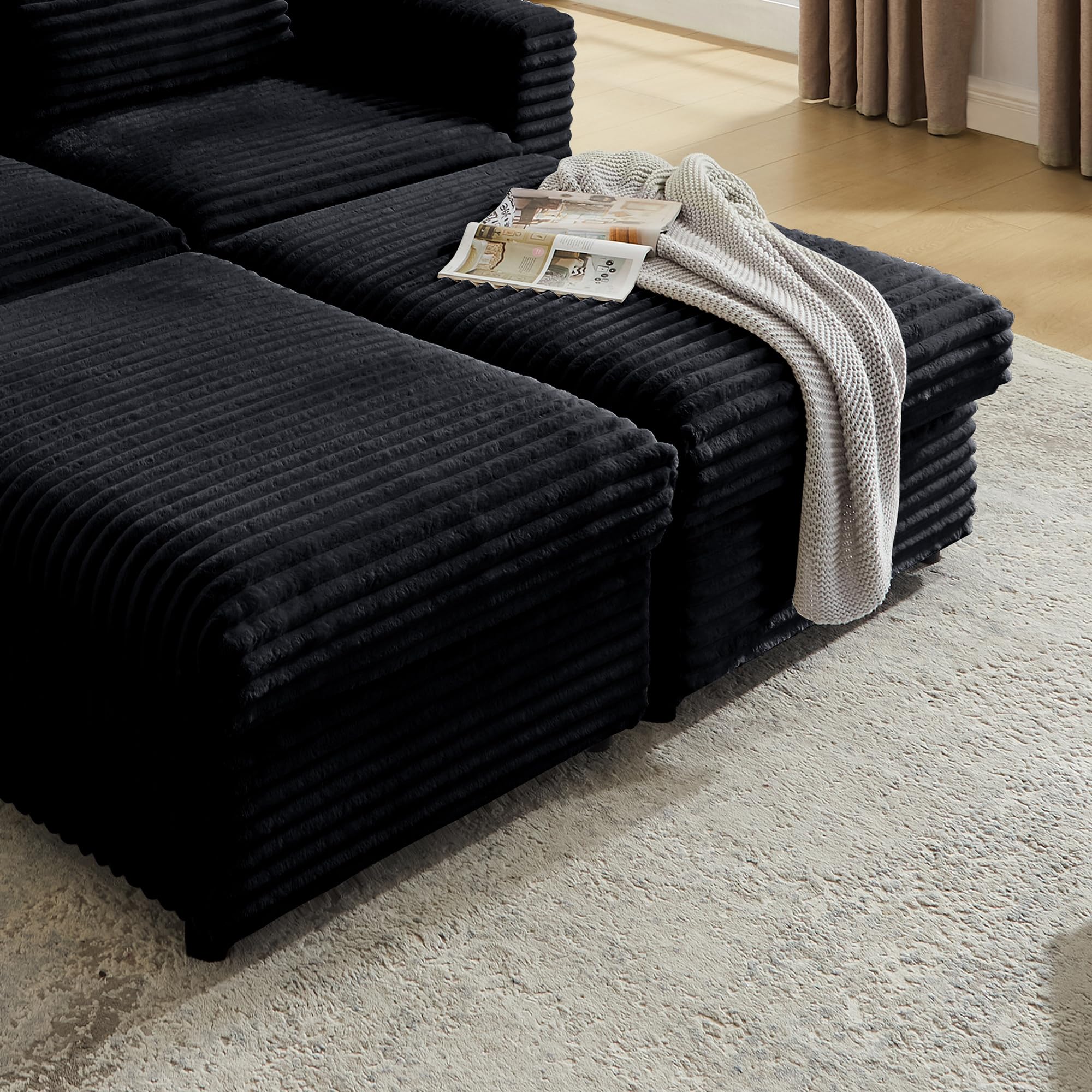 Mofolit Corduroy Ottoman with Storage,16.5Inch Height Square Ottomans Easy of Assembly, Couch Ottoman for Living Room,Apartment and Bedroom .(Black, Ottoman)