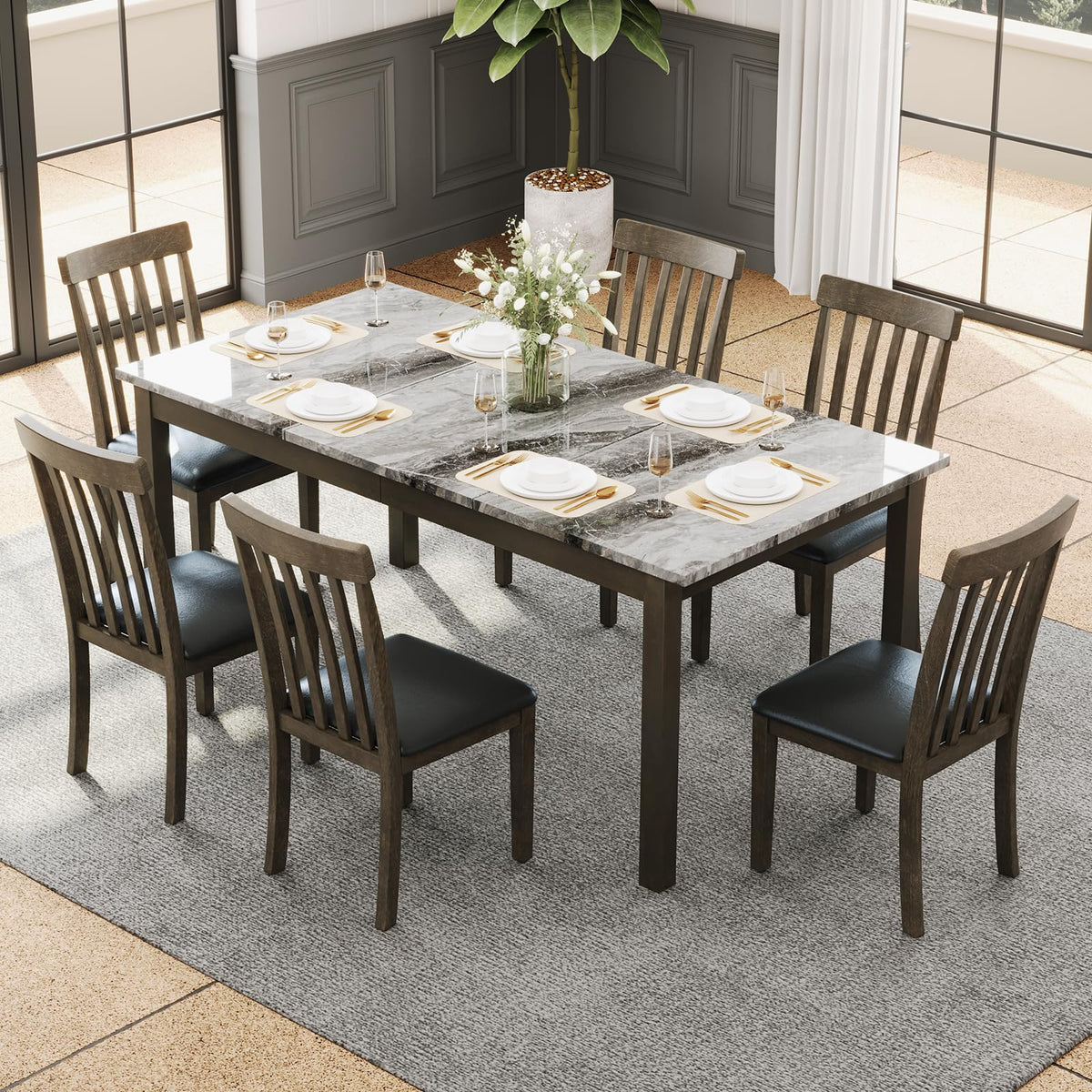 AMERLIFE 7-Piece Dining Table Set with Chairs, Faux Marble Table, Brown