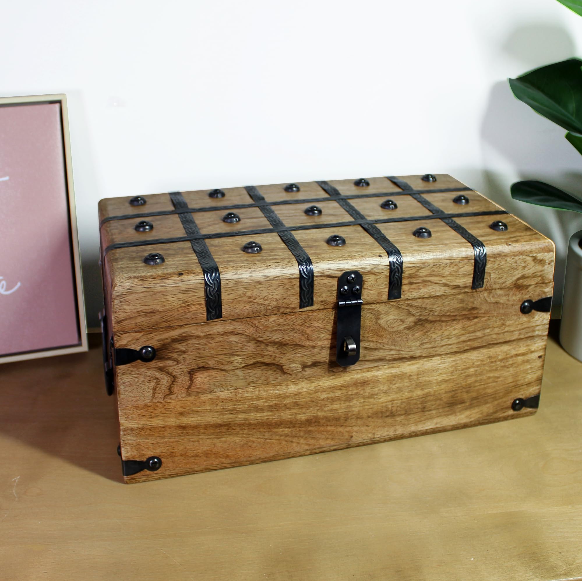 Nautical Cove Treasure Chest Wooden Box with Antique Iron Lock and Skeleton Key (Large 14.5x8x6.75) - Storage and Decor – Pirate Wooden Treasure Chest, Decorative Box with Hinged Lid,
