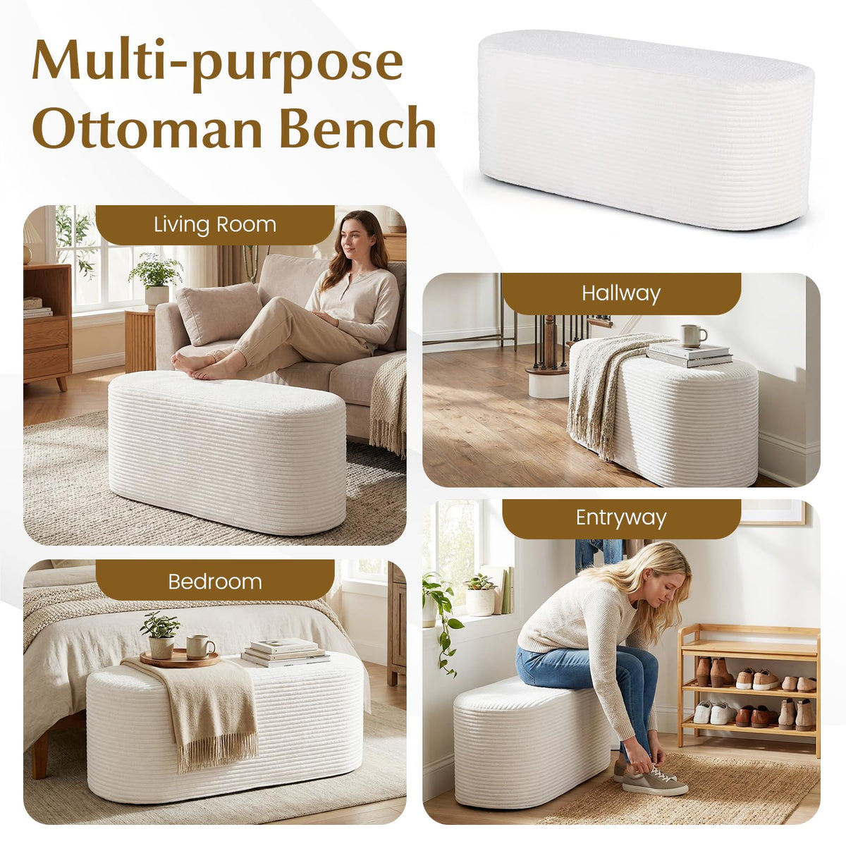 GIANTEX Stuffed Pouf Ottoman Bench, 47" Plush Corduroy End of Bed Bench with High-Density Sponge, Oval Ottoman Foot Rest for Living Room, Entryway, Hallway, Beige