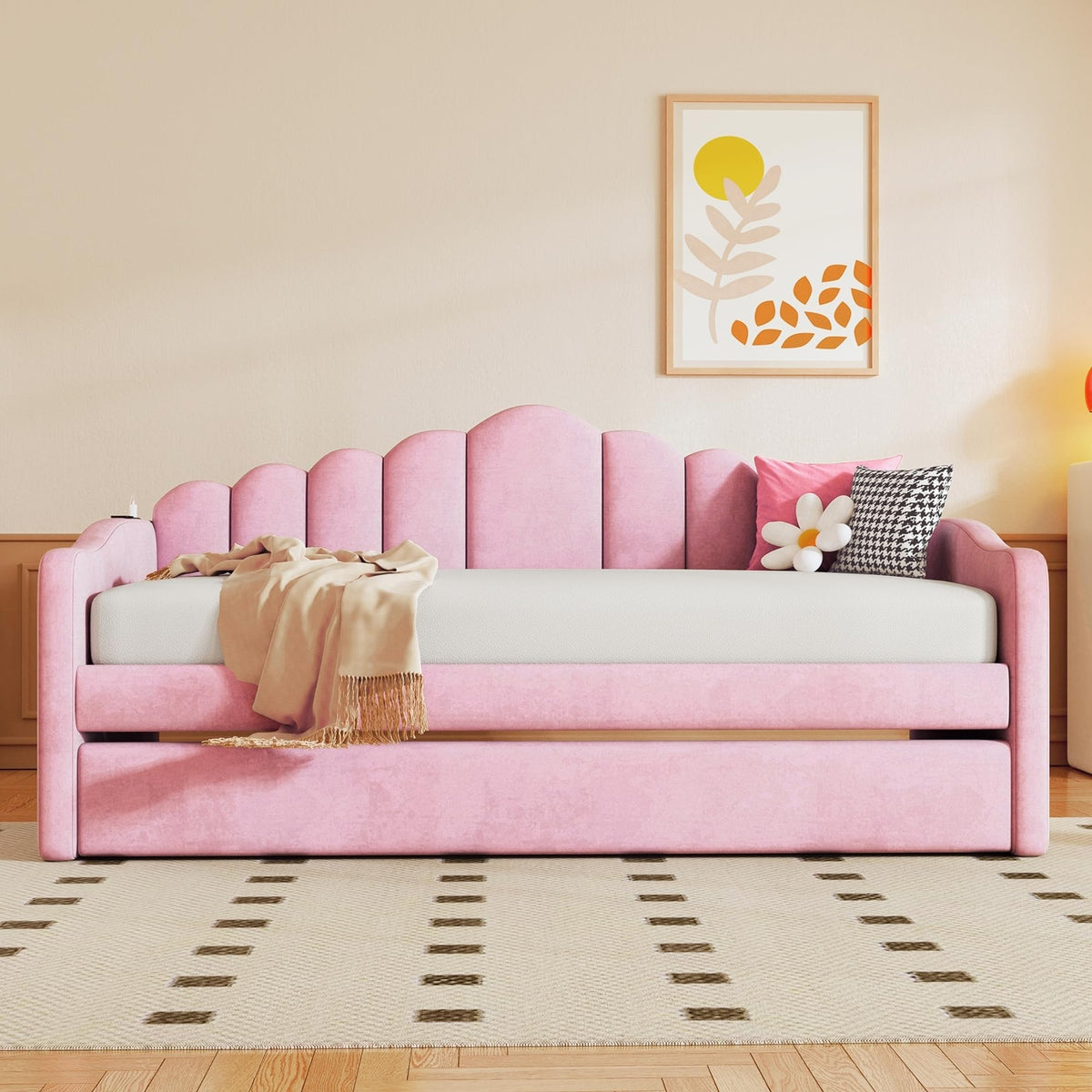 Merax Twin Daybed with Trundle, Upholstered Velvet Sofa Bed with Storage