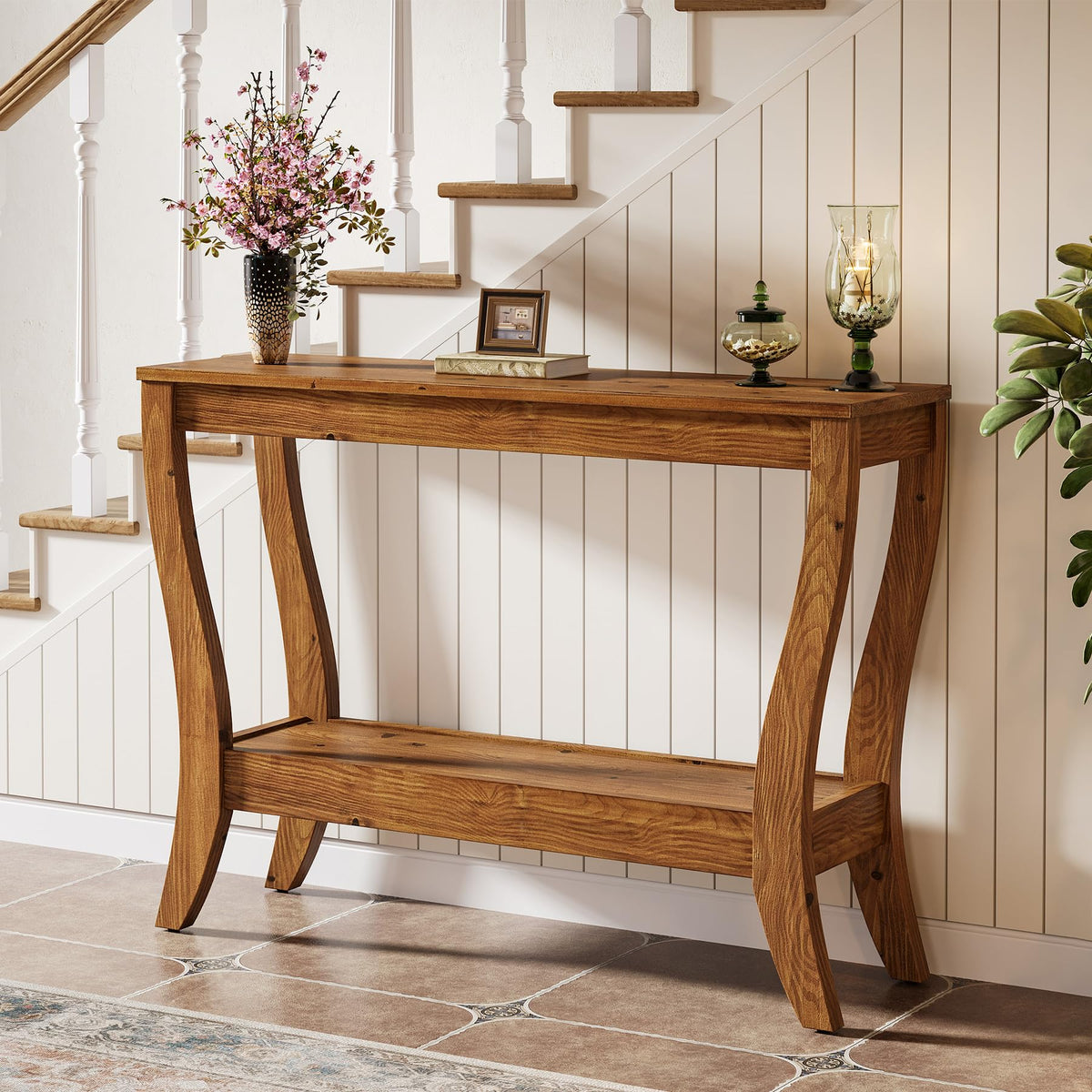 TRIBEWOOD Solid Wood Console Table for Entryway, 41.3-Inch Farmhouse Sofa Table with Storage, 2-Tier Wooden Entrance Table for Living Room, Hallway, Foyer (Walnut)