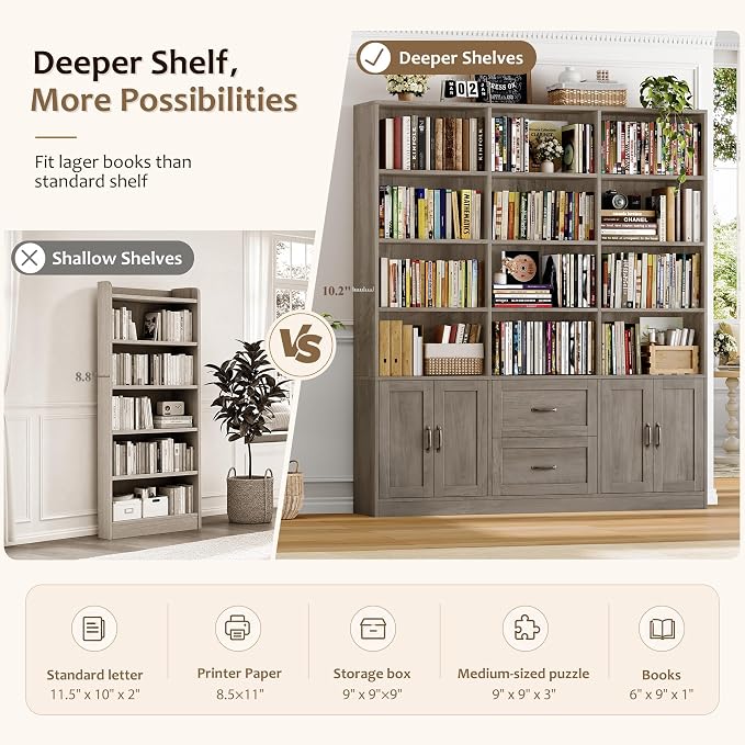 Triple-Wide Bookcase with Drawers & Doors