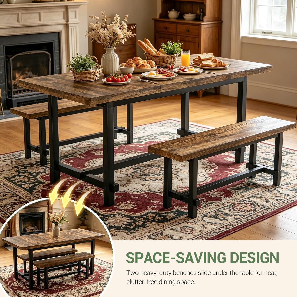 70.8" Dining Table Set with 2 Benches, Farmhouse Kitchen Table Set for 4-6