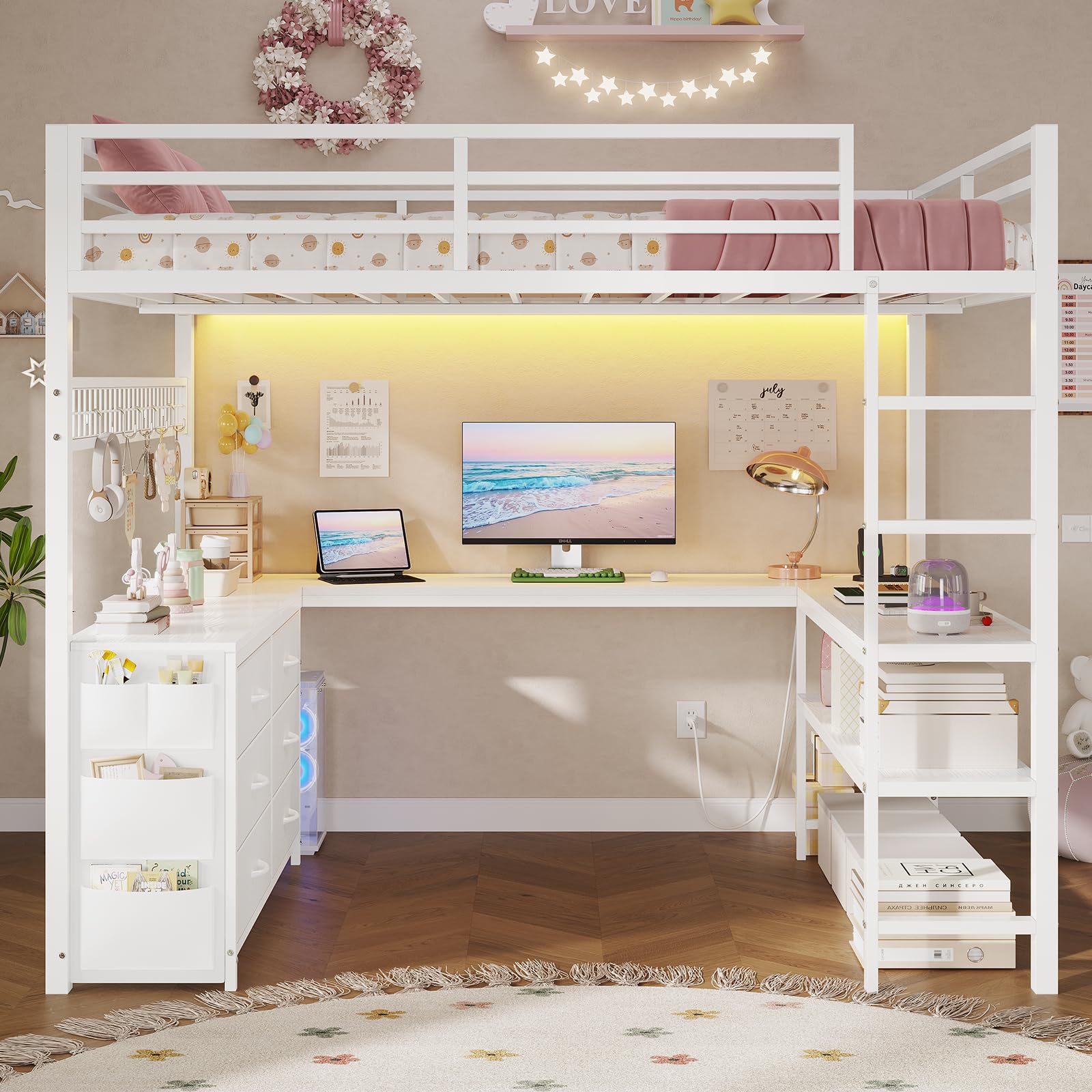 Loft Bed Full Size with U-Shaped Desk