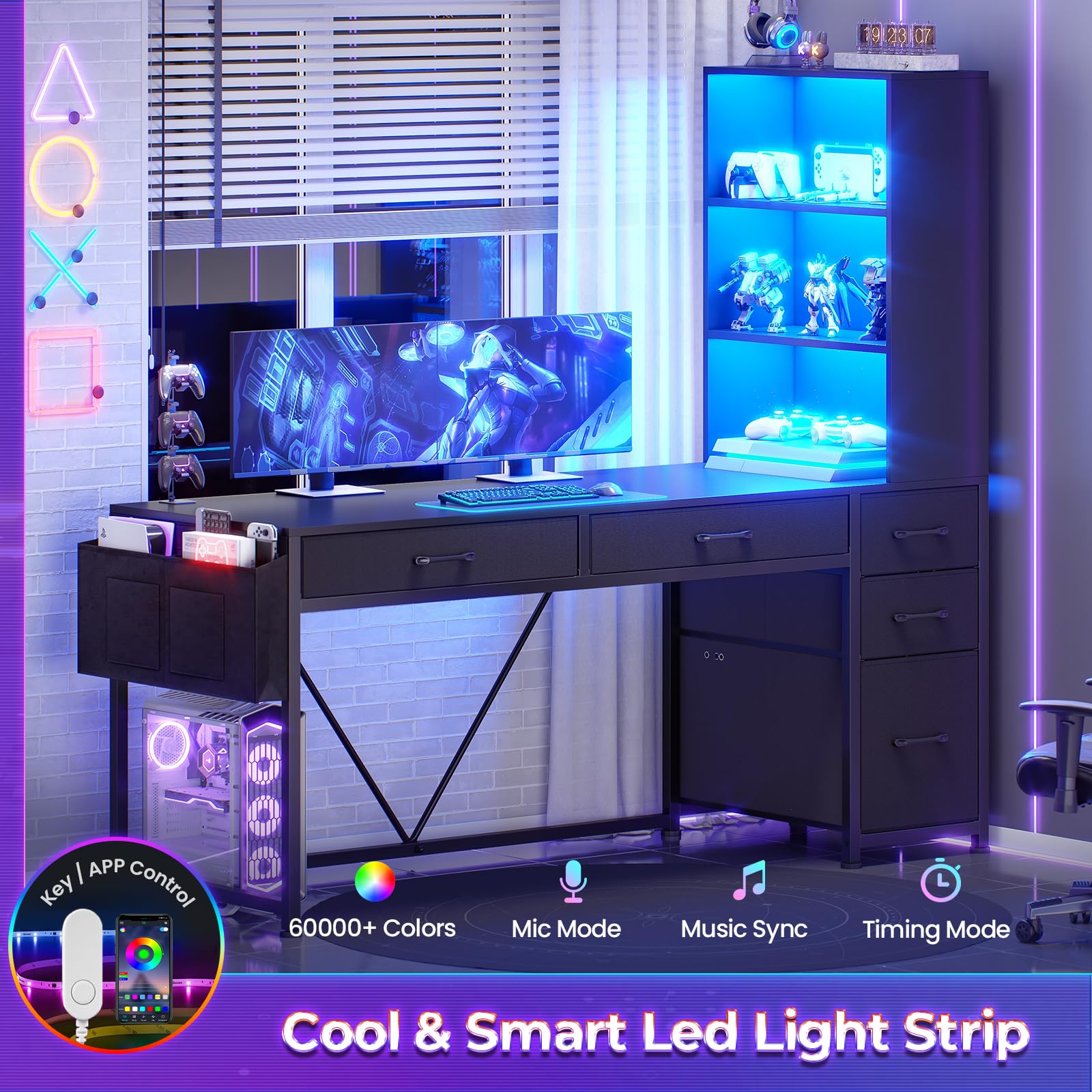 Reversible Gaming & Home Office Desk with Drawers, Bookshelf & RGB LED Lights