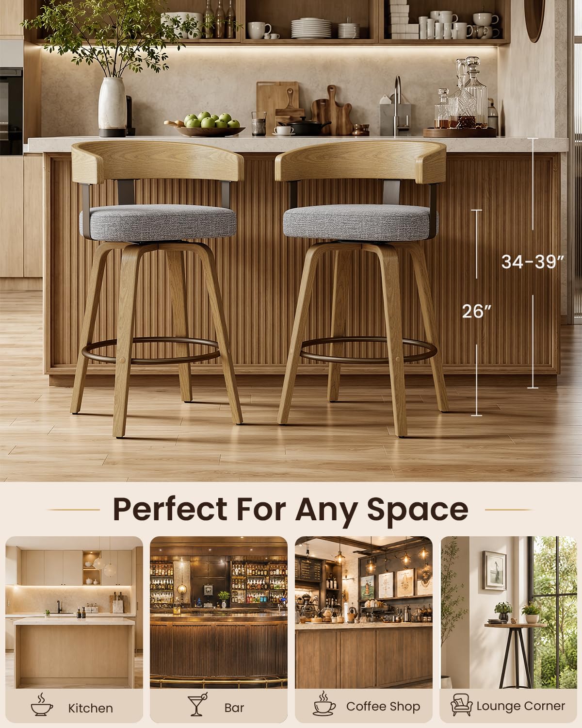 REONEY Swivel Bar Stools Set of 2, 26" Counter Height Barstools, Grey Linen