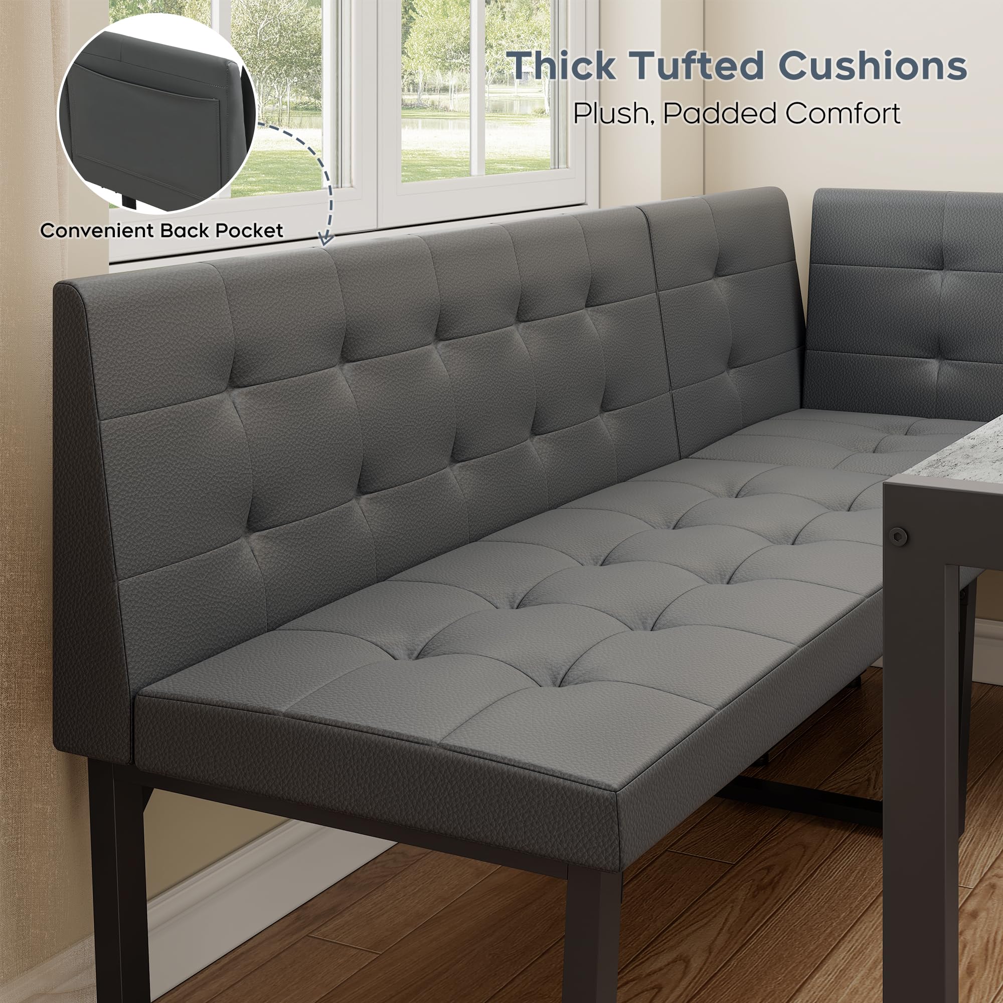 Yechen Corner Dining Table Set with Upholstered Banquette, 70 Inch 5-Piece Kitchen Breakfast Nook Table Set, Space Saving, Grey(Table, Bench, Dining Stools)