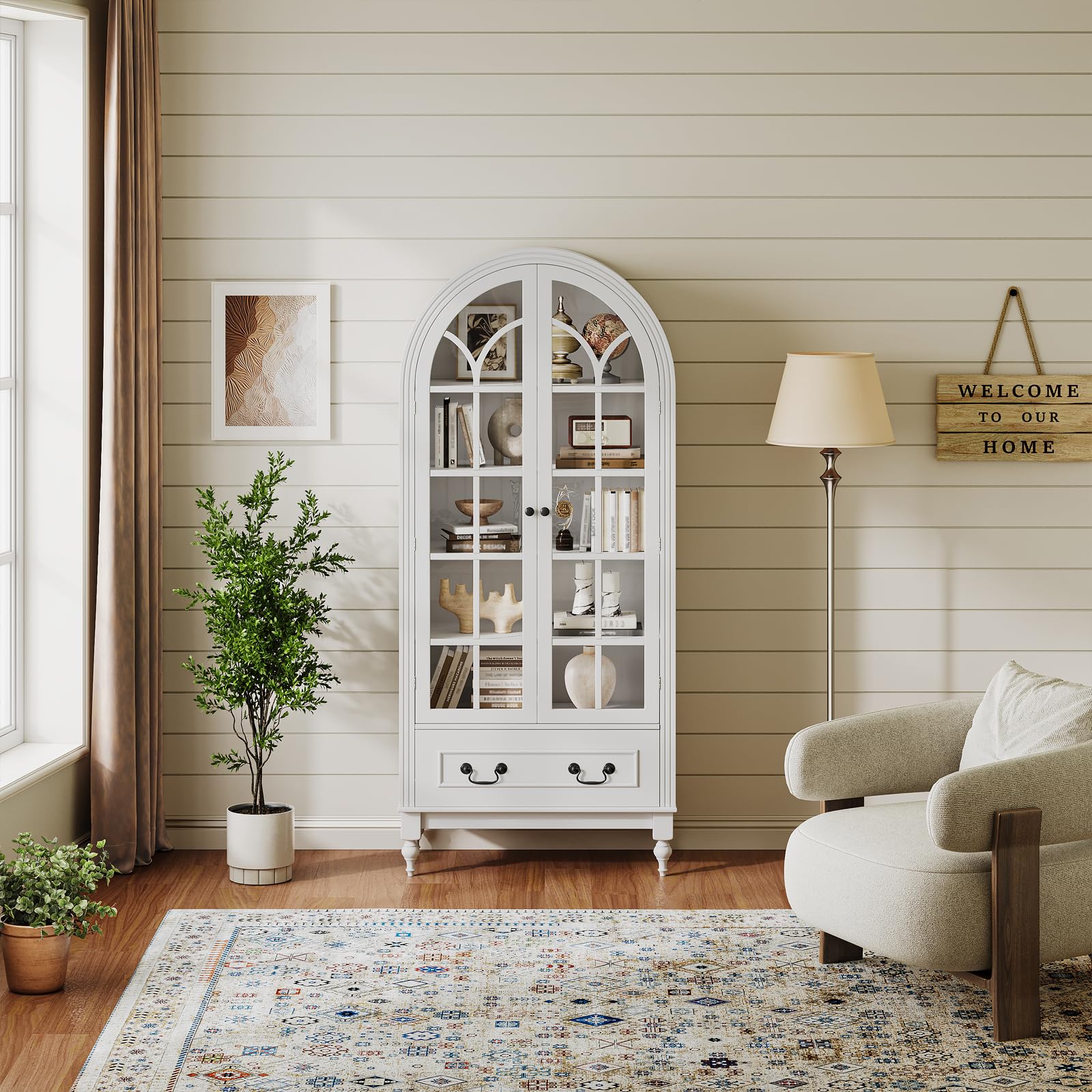 Arched Kitchen Pantry Cabinet with Glass Doors