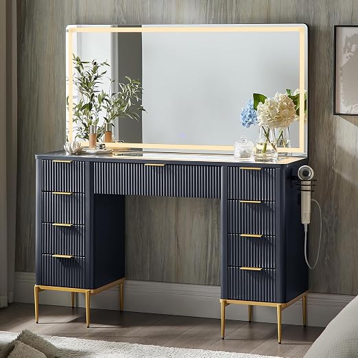 48" Fluted Makeup Vanity Desk with LED Mirror & 9 Drawers