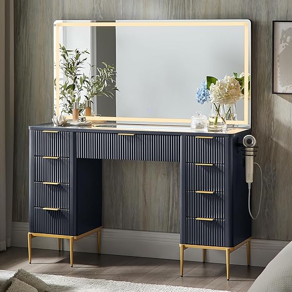 48" Fluted Makeup Vanity Desk with LED Mirror & 9 Drawers