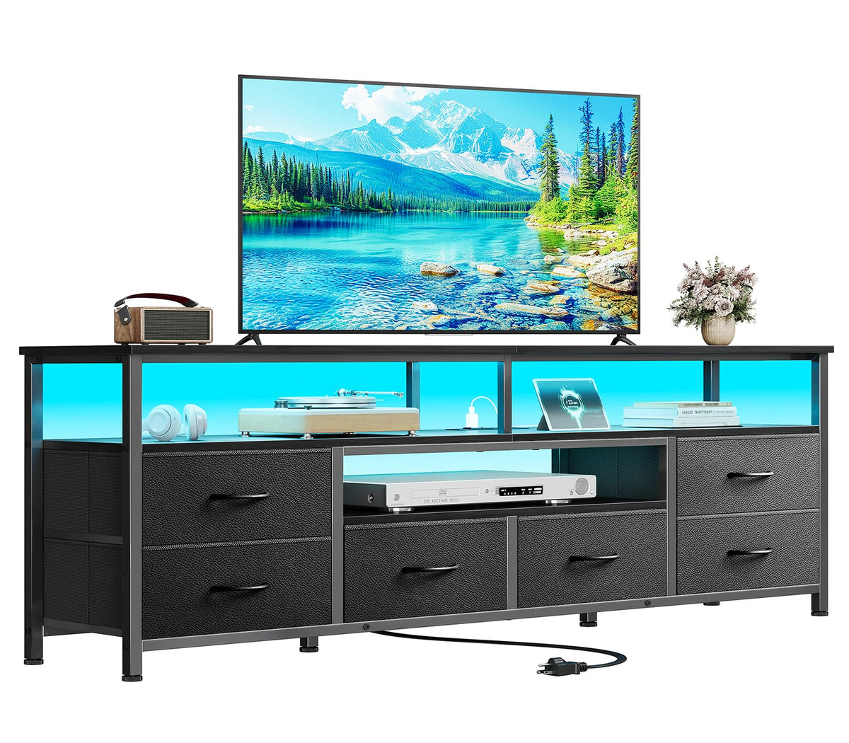 Furologee 63'' LED TV Stand, Entertainment Center w/Power Outlets, Black