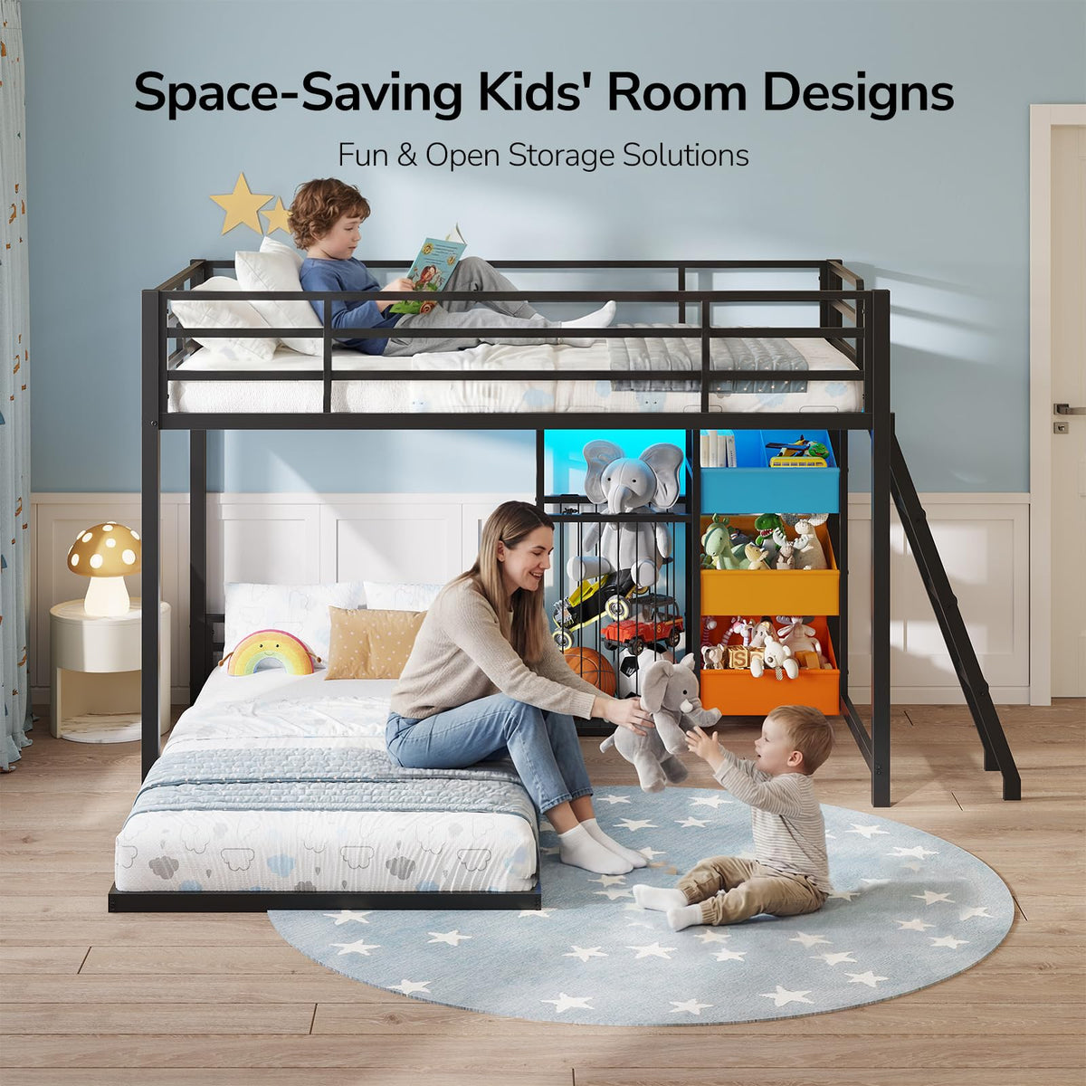 Hasuit Bunk Bed Twin Over Twin Size with Large Toy Storage Organizer and 3 Bins, Twin Bunk Beds with LED Lights, Metal L-Shaped Loft Bed with 13.4" H Safety Guardrail & Ladder, for Kids & Teens, Black