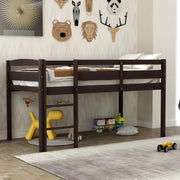 Flieks Low Loft Beds, Twin Wood Loft Bed Low Loft Beds for Kids with Ladder and Guardrails, No Box Spring Required, Easy Assembly，Space Saver (Espresso)
