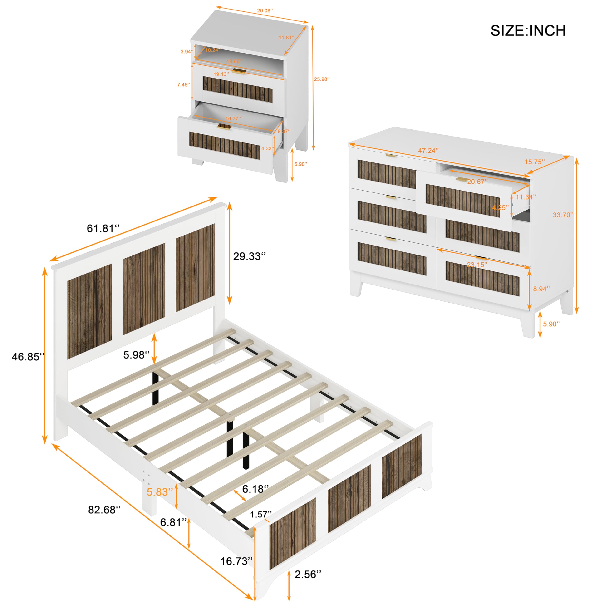 4-Pieces Queen Bedroom Sets with Wooden Strip Stickers Decoration,Wood Bed Frame with 2 Storage Nightstand 6-Drawer Dresser with Metal Handle,Farmhouse Bedroom Furniture Set,White
