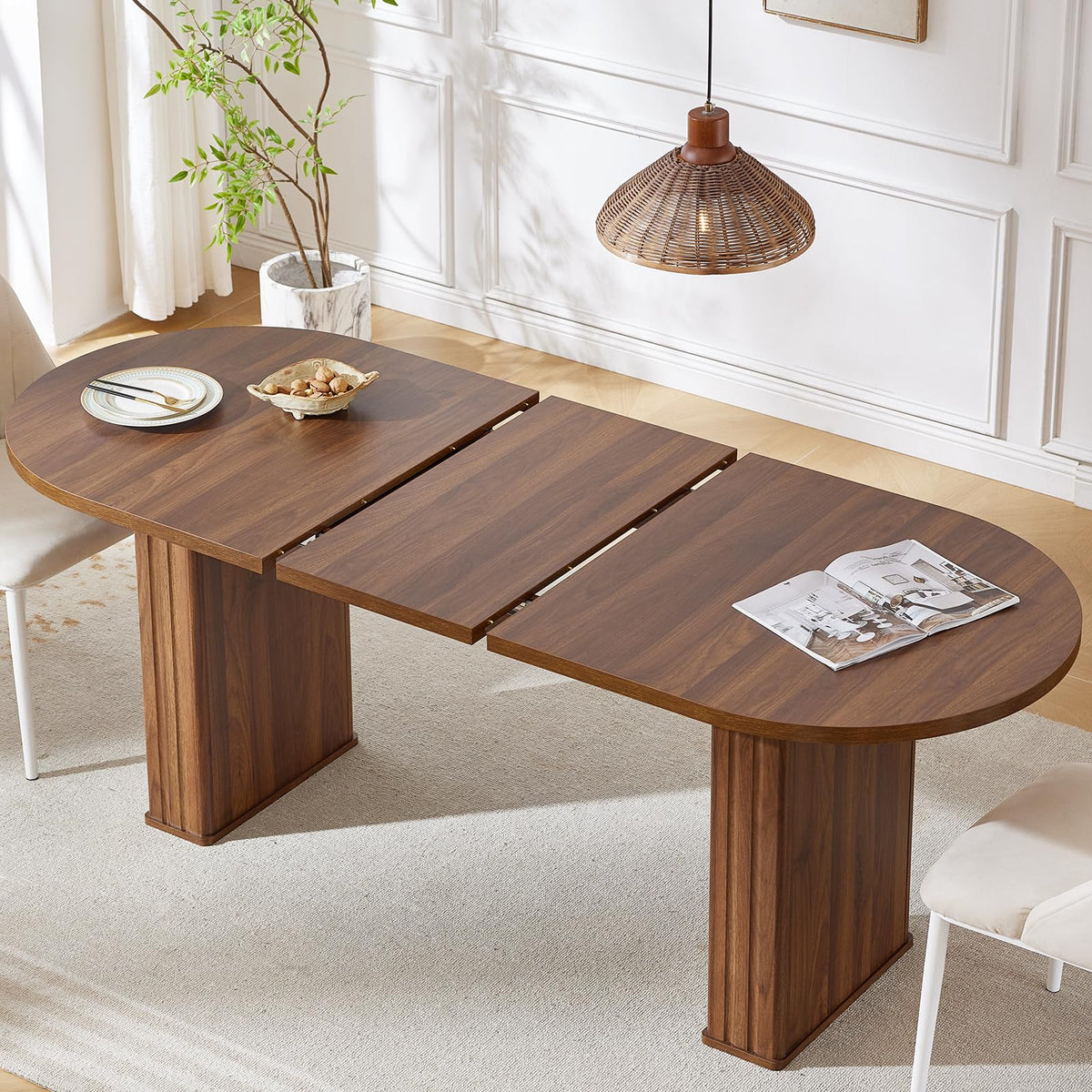YUFAM 63-79 Inch Extendable Dining Table for 4-8 Oval Wood with Fluted Base