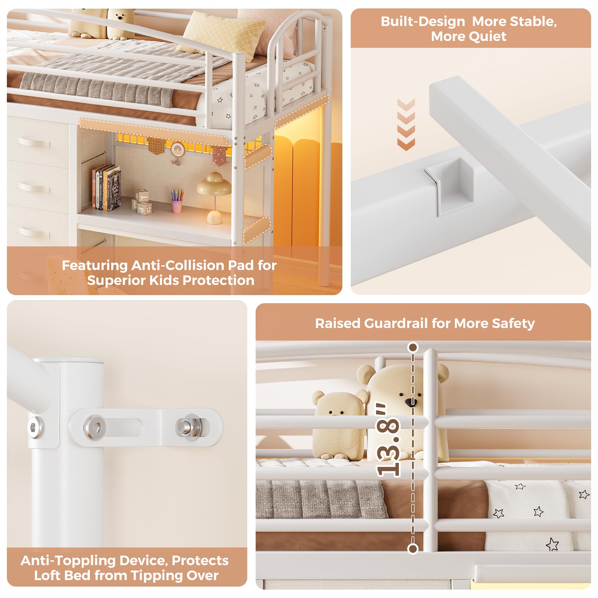 Kids Twin Low Loft Bed with Storage Drawers, Desk & LED Lights