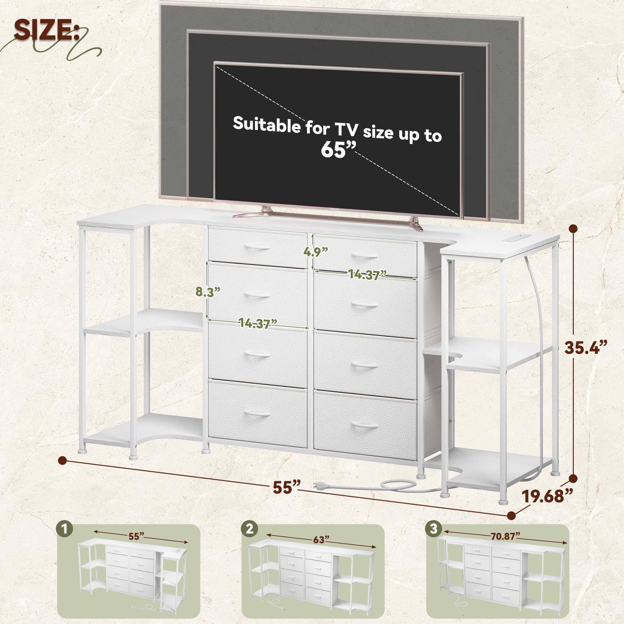 White Dresser for Bedroom with Charging Station,8 Drawer TV Stand for 55 65 75 inch TV,3-in-1 Configurable U-Shape/L-Shape/Linear,Large Chest of Drawers with 5 Storage Shelves for Gaming Room,Hallway