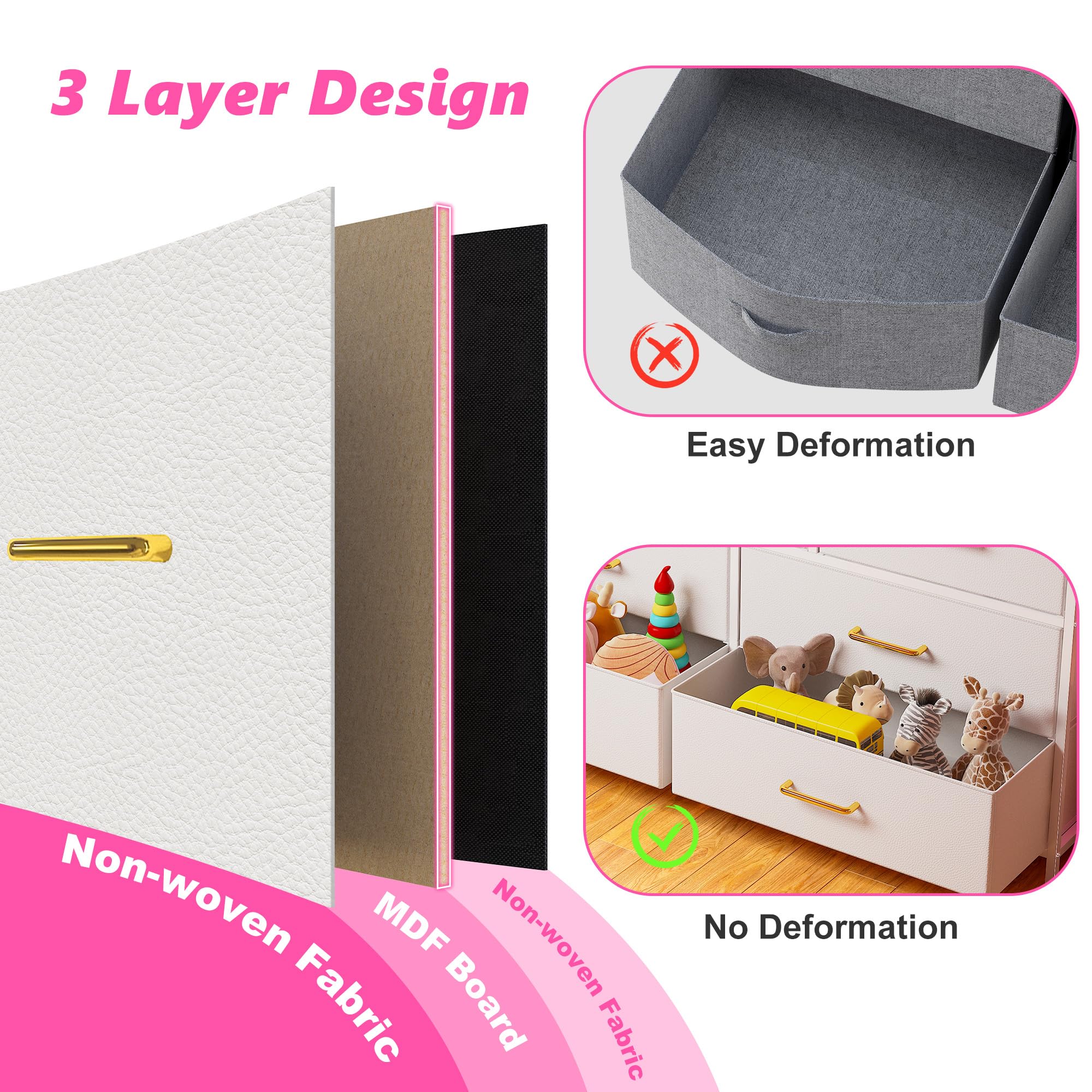 EnHomee 55" W White Dresser for Bedroom with 10 Fabric Drawers Long Dressers & Chests of Drawers with LED Lights & Power Outlets Large Dresser for Bedroom for Hallway, Metal Frame, White
