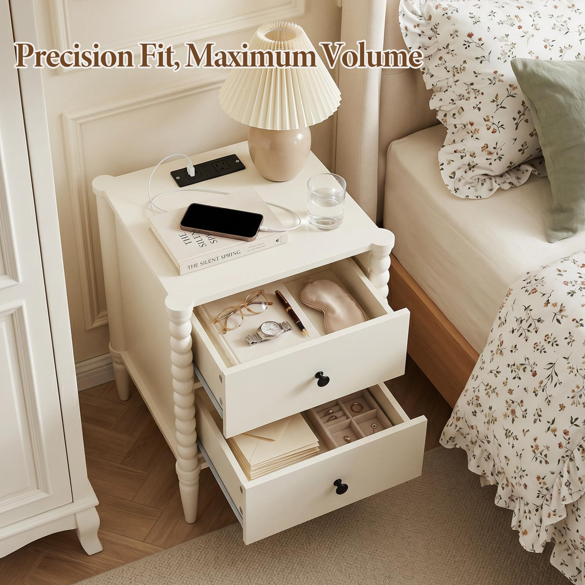 Afuly White Nightstand with Charging Station &Drawers Vintage Bedside Table