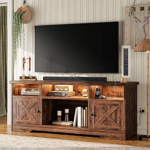 LED TV Stand with Power Outlet & Storage Cabinets