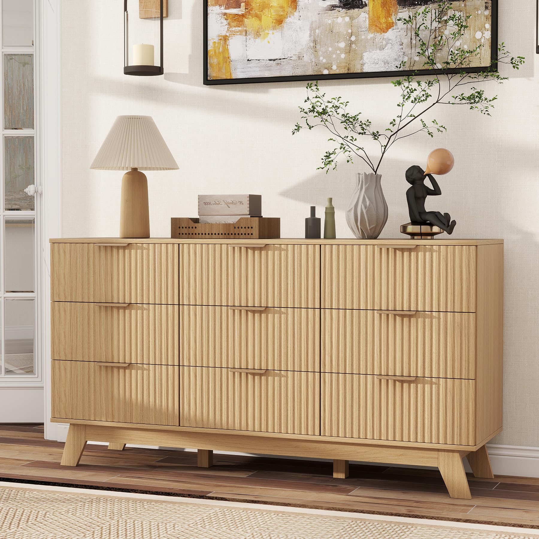 Nebuaegis Fluted 9 Drawer Dresser for Bedroom,57" Wide Modern Chest of Drawers with Metal Handles,Heavy Duty Wood TV Stand,Wood Closet Clothes Storage Organizer for Living Room,Hallway,Entryway