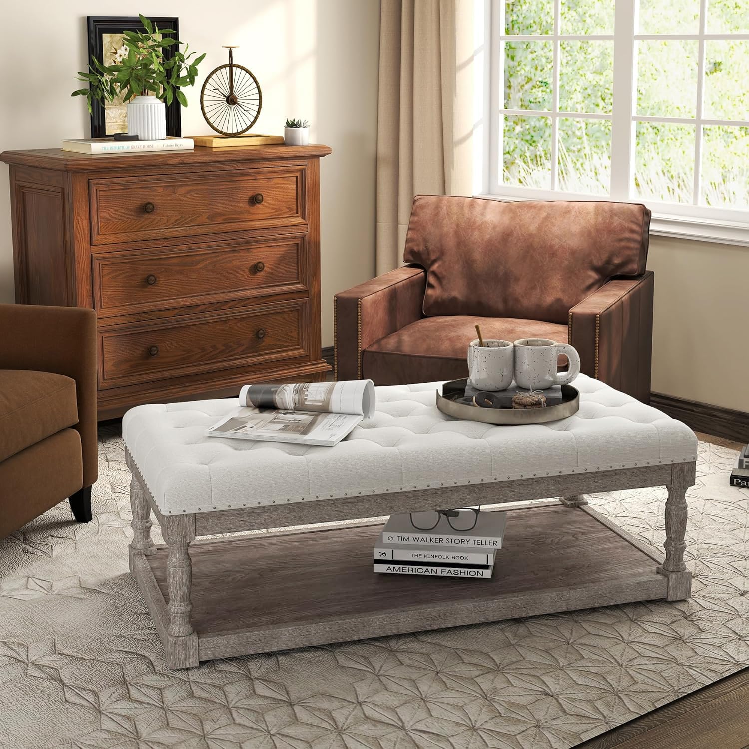 Cuzobro Ottoman Coffee Table, Large Rectangle Ottoman with Storage - Upholstered Cushioned Bench for Living Room, Tufted Linen Fabric with Solid Wood Shelf, Entryway Bench (Beige)