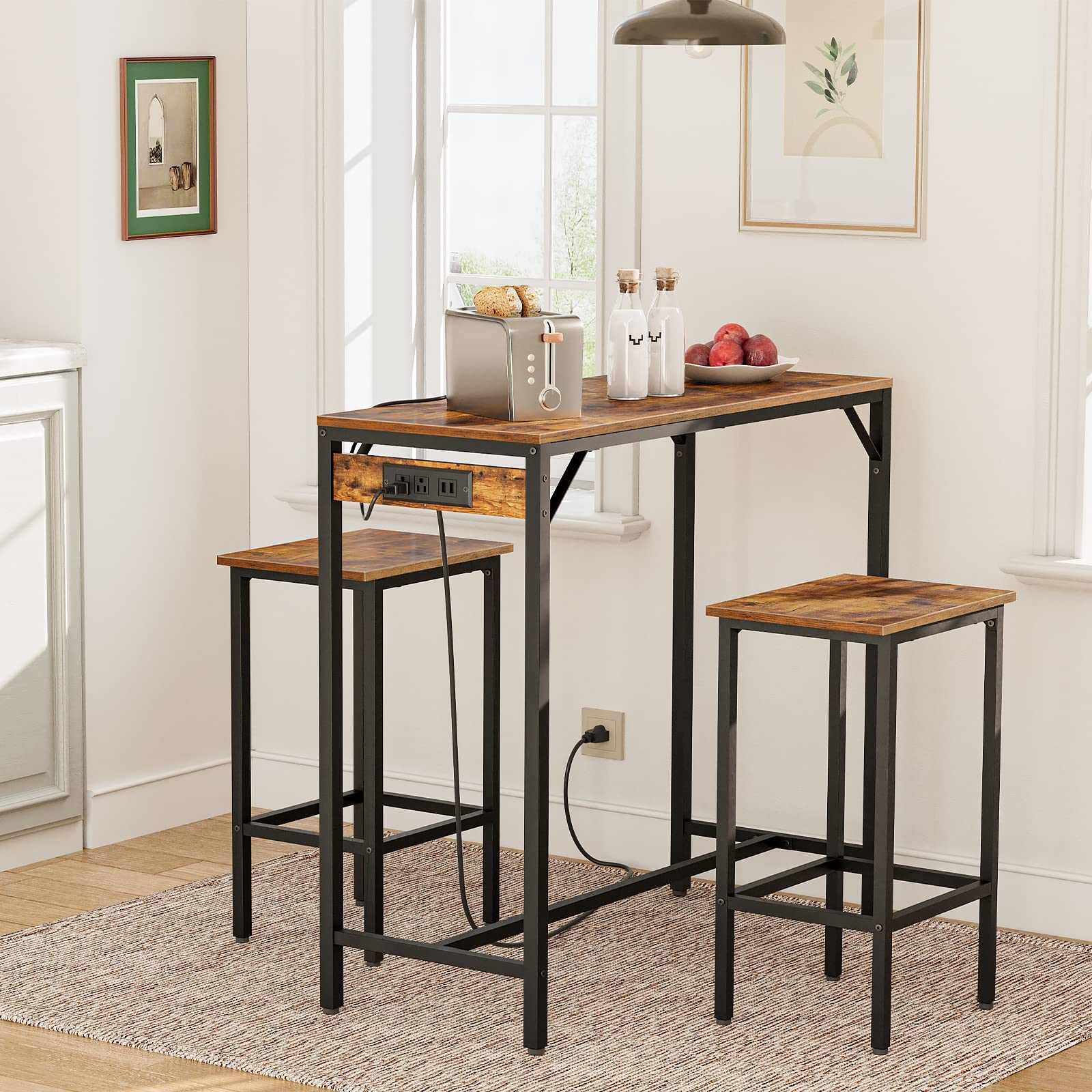 HOOBRO Bar Table and Chairs Set, 39.4" Dining Table Set with Power Outlet, 3-Piece Pub Table Set, Kitchen Bar Height Table with Stools of 2, Space Saving for Living Room, Rustic Brown BF45UBT01