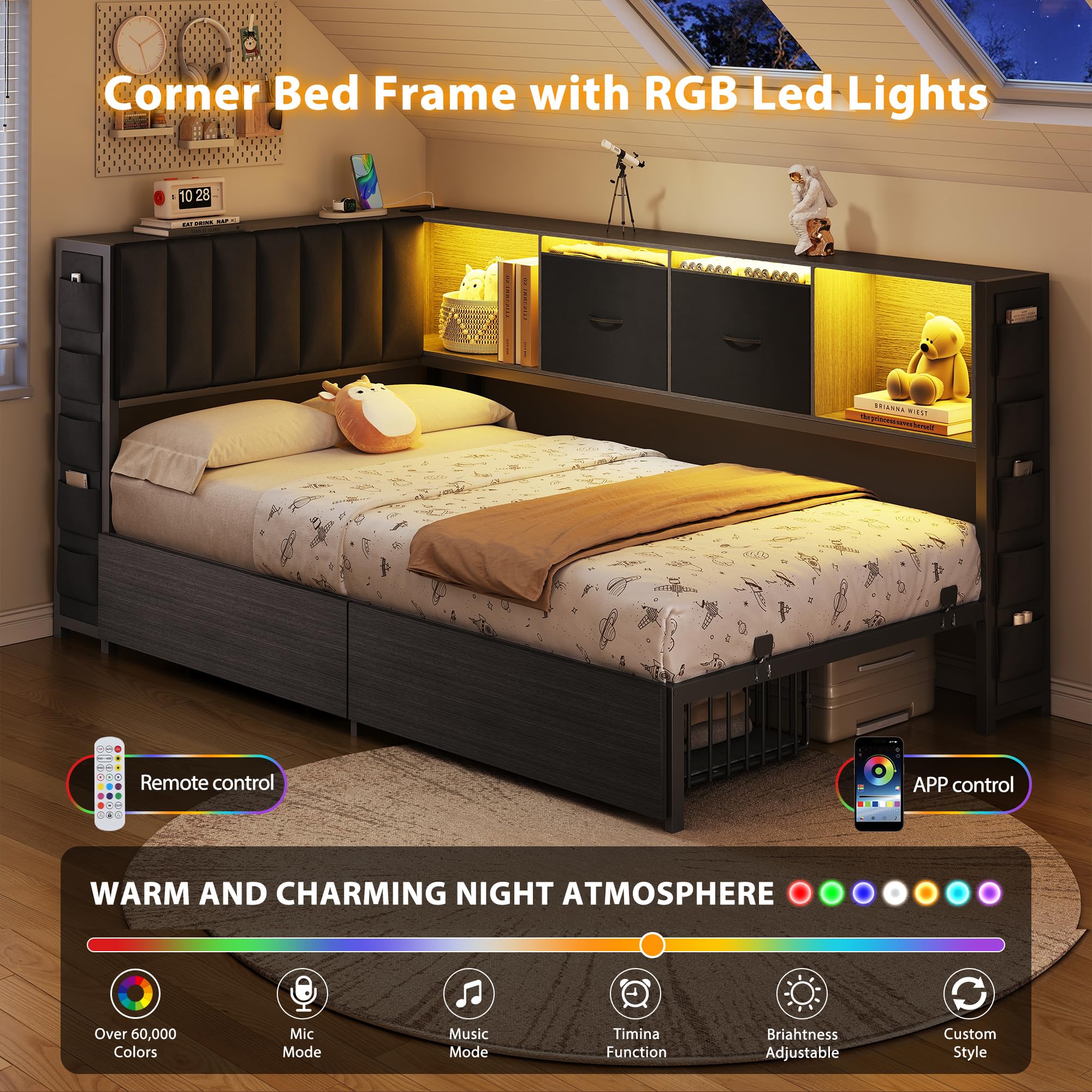 L-Shaped Corner Bed Frame with Storage & LED