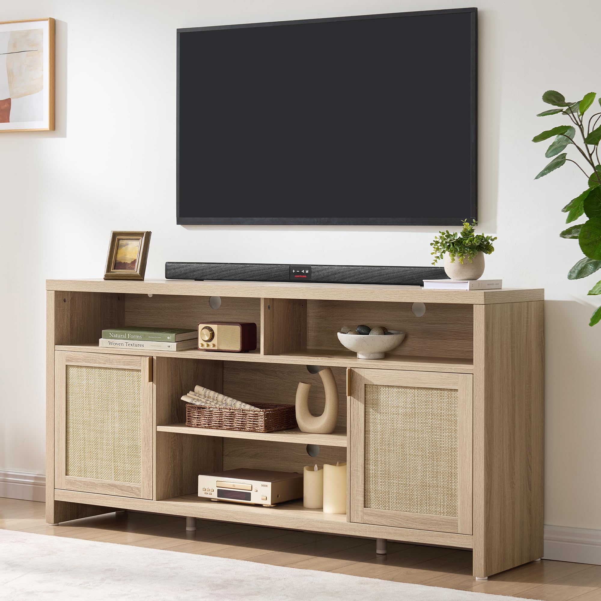 63" Rattan TV Stand with Storage & Doors