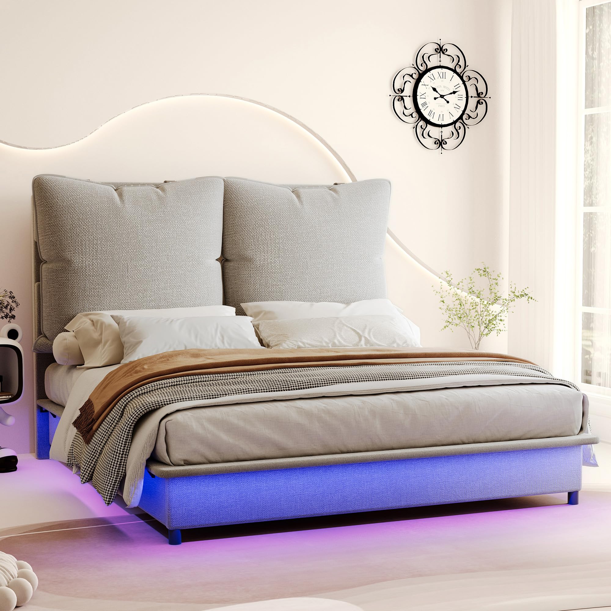 Jocisland LED Queen Bed Frame with Headboard and Removable Oversized Upholstered Cushions, Stable Floating Design, Two Look Options, No Box Spring Needed, Easy Assembly,Grey