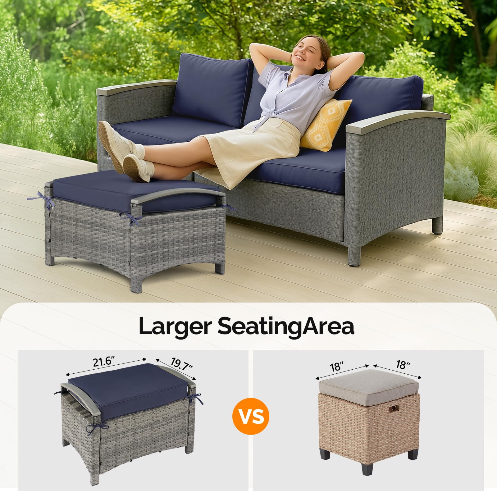 Wicker Outdoor Ottoman with Removable Cushion – PE Rattan, 400 lb Capacity
