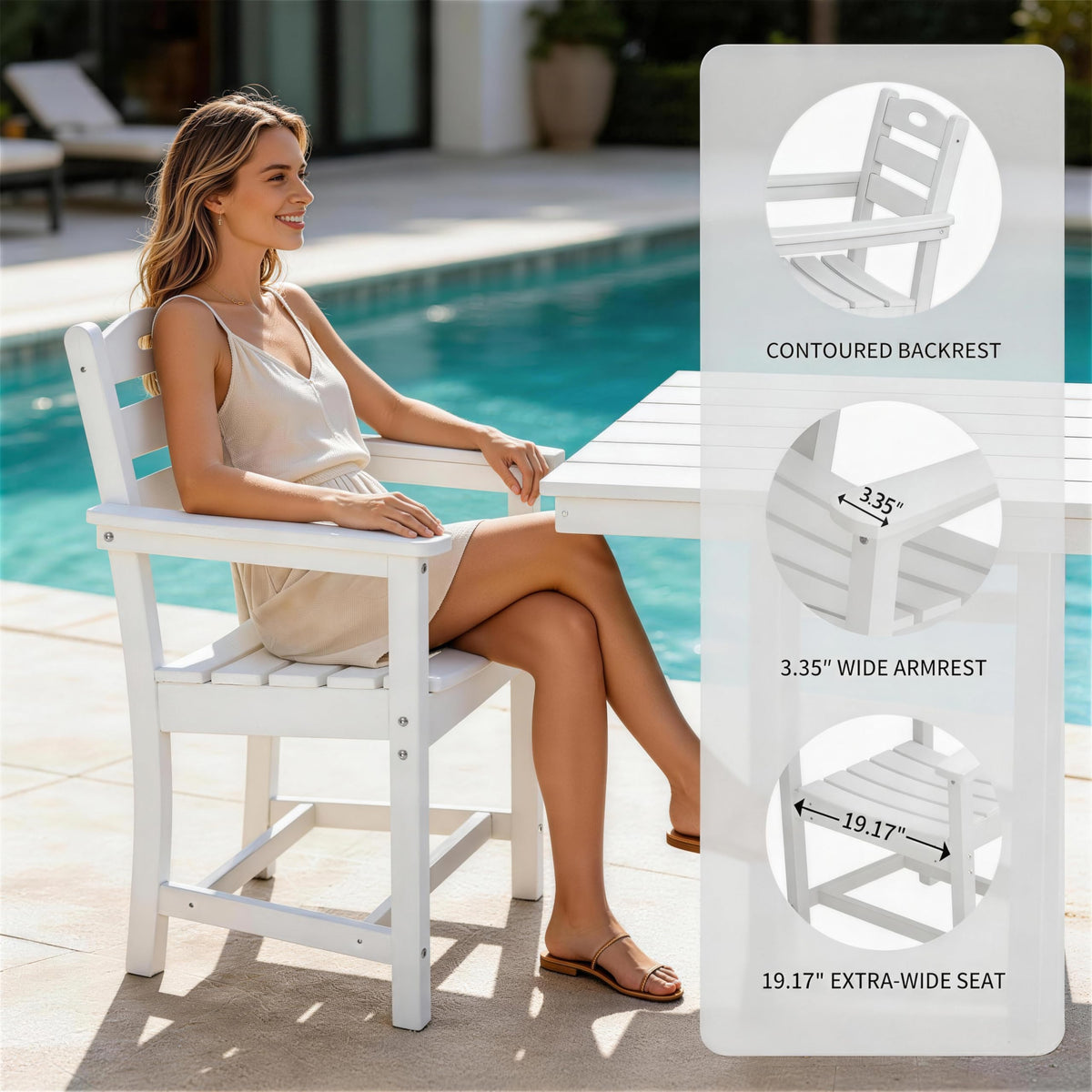 3 Piece Outdoor Patio Dining Set, HDPE 37.8" Square Dining Table with 1.77" Umbrella Hole & 2 Comfortable Armchairs, Heavy Duty Poly Bistro Furniture for Balcony, Porch, Garden, Poolside, White