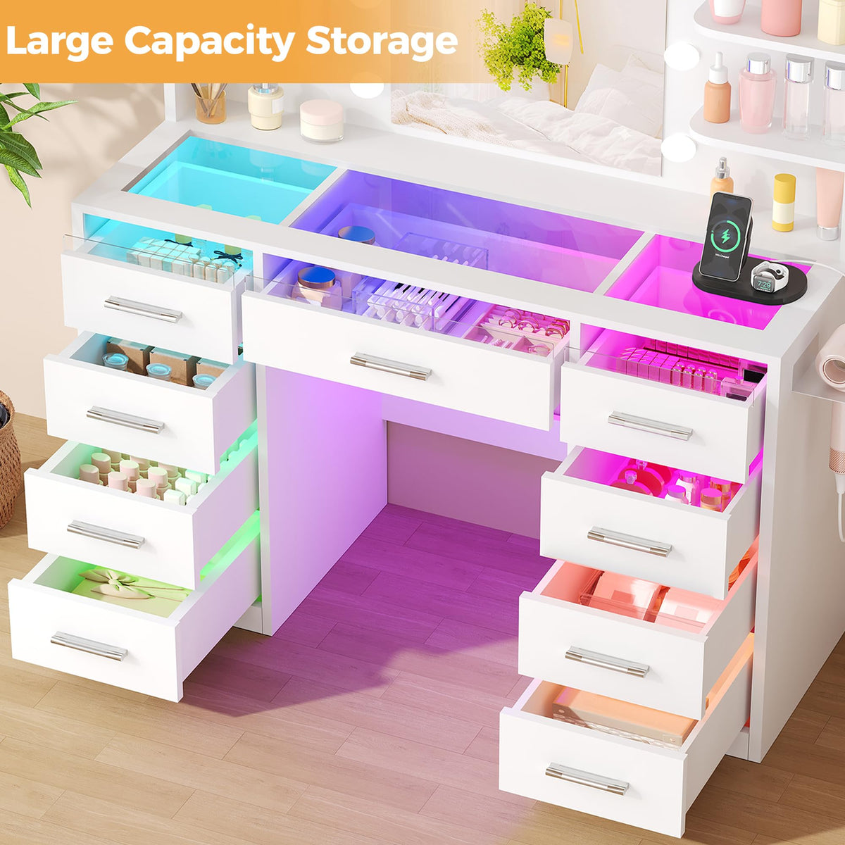 ANWBROAD White Makeup Vanity Desk with Mirror & Lights,Glass Top,RGB Light