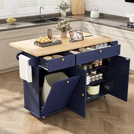Rolling Kitchen Island with Extendable Drop Leaf Table & Power Outlet