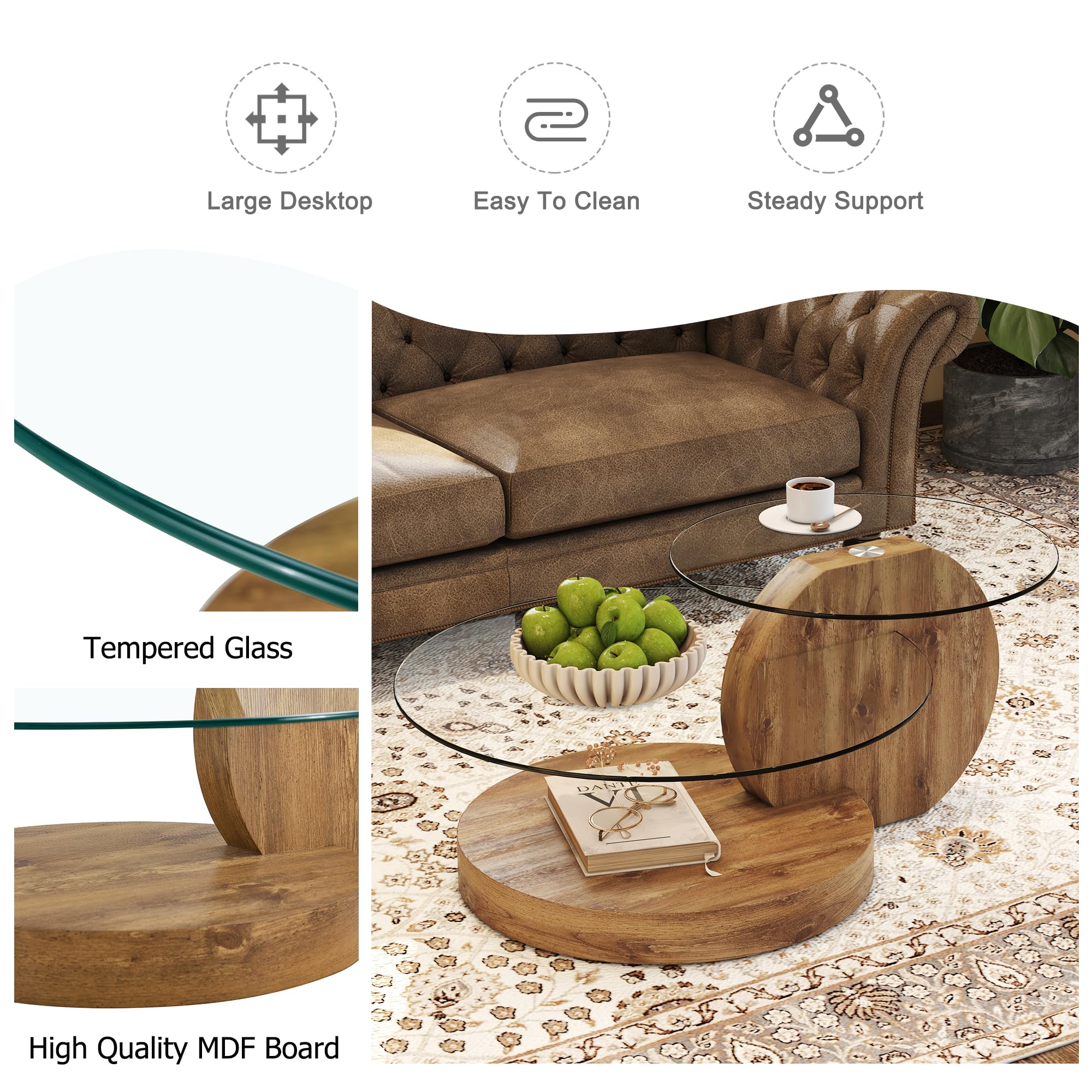 Round Glass Coffee Table with Wood Base & 3-Tier Storage