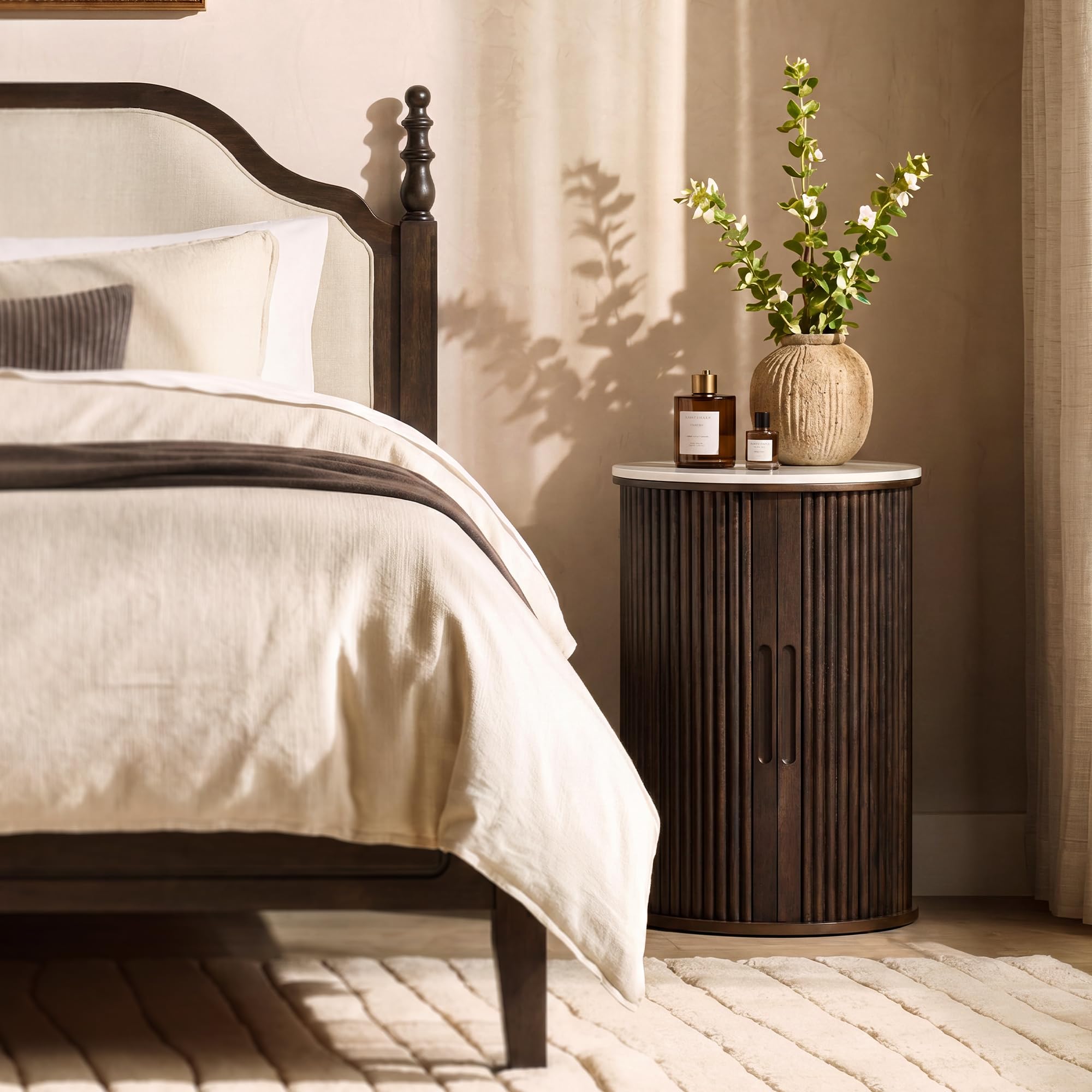 Farati Round Fluted End Table with Storage, Dark Walnut Side Table with White Sintered Stone Top, Sliding Tambour Door Nightstand, 17.4 Inch Small Accent Stand for Living Room Bedroom