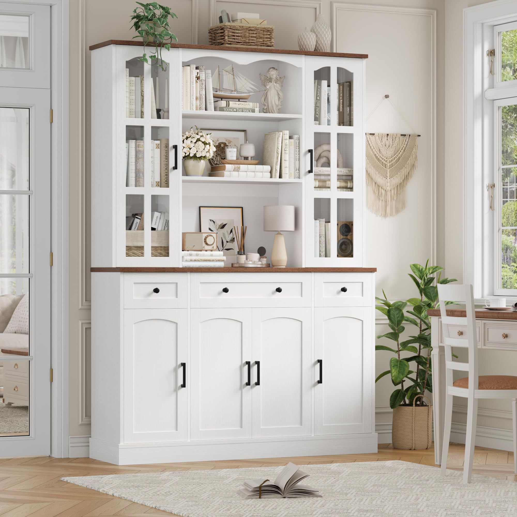Tall Pantry Cabinet with Glass Doors & Microwave Stand