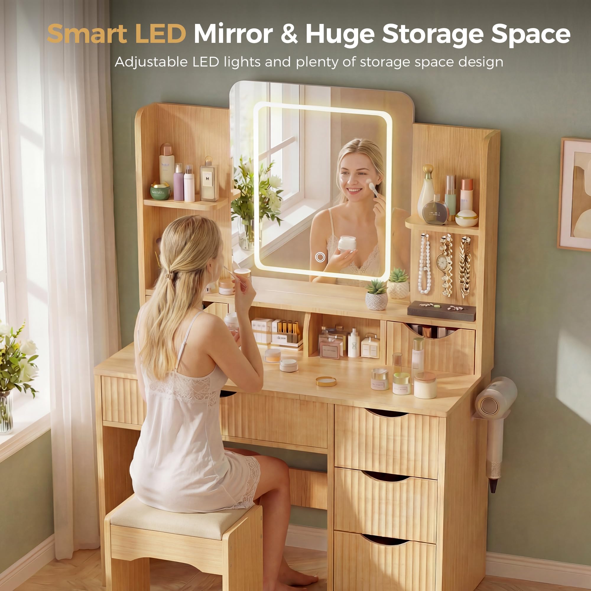 Fluted Vanity Desk with LED Mirror & 6 Drawers