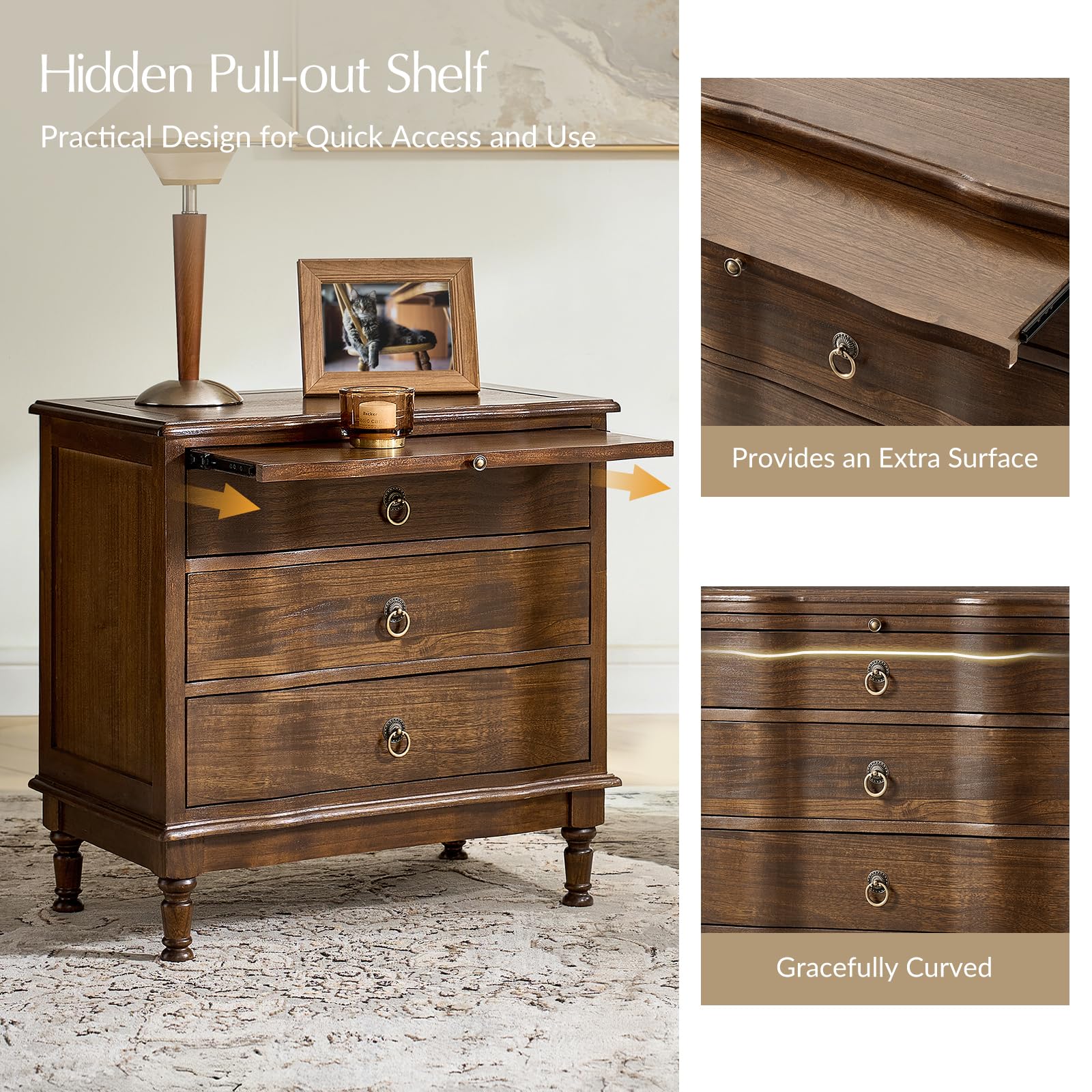 Solid Wood End Table with Charging Station & 3 Drawers